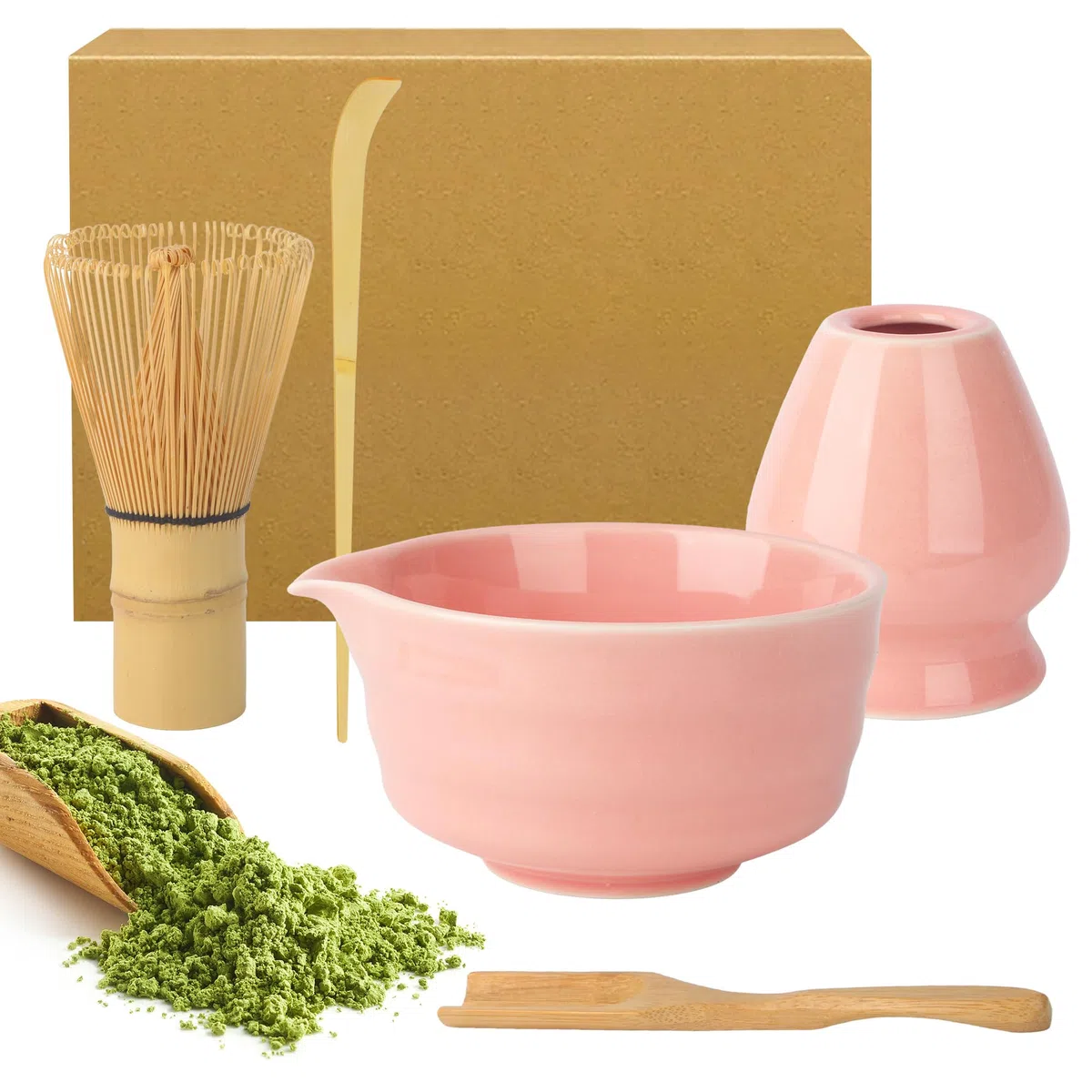 Set de Matcha Rosa, Tazón de Matcha con Vertedor, Soporte de Batidor de Cerámica y Cuchara, Set de Matcha de 5 Piezas Diseñado para los Amantes del Matcha