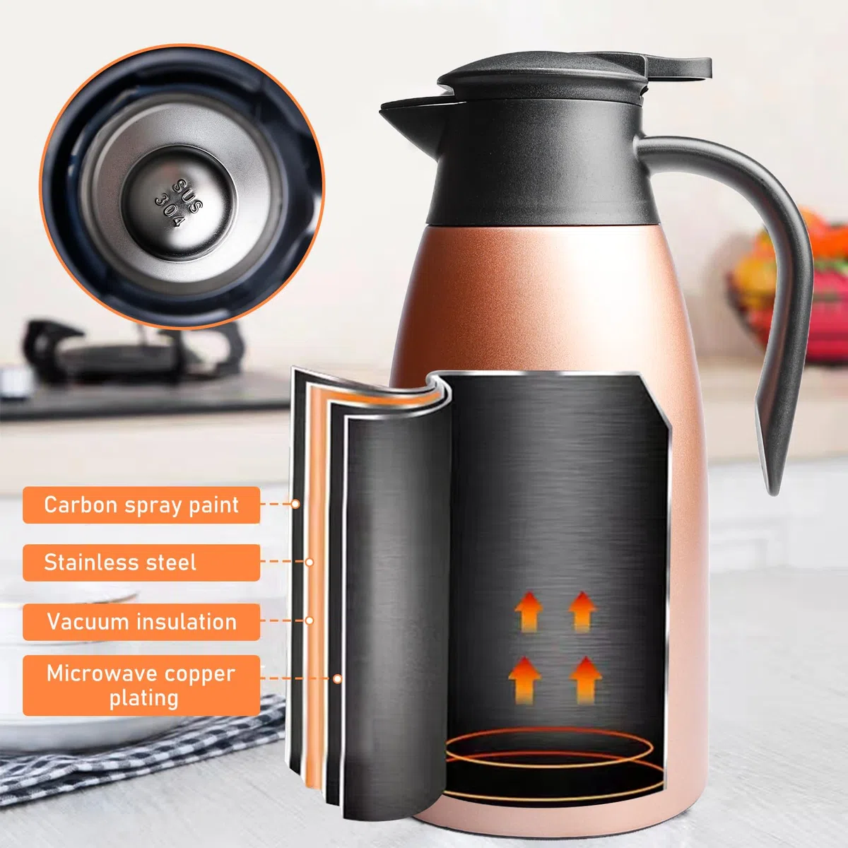 Jarra térmica de 2 L, termo para cafetera, acero inoxidable con asa y boquilla, aislamiento al vacío, jarra aislante de doble pared, para oficina y hogar (oro rosa)