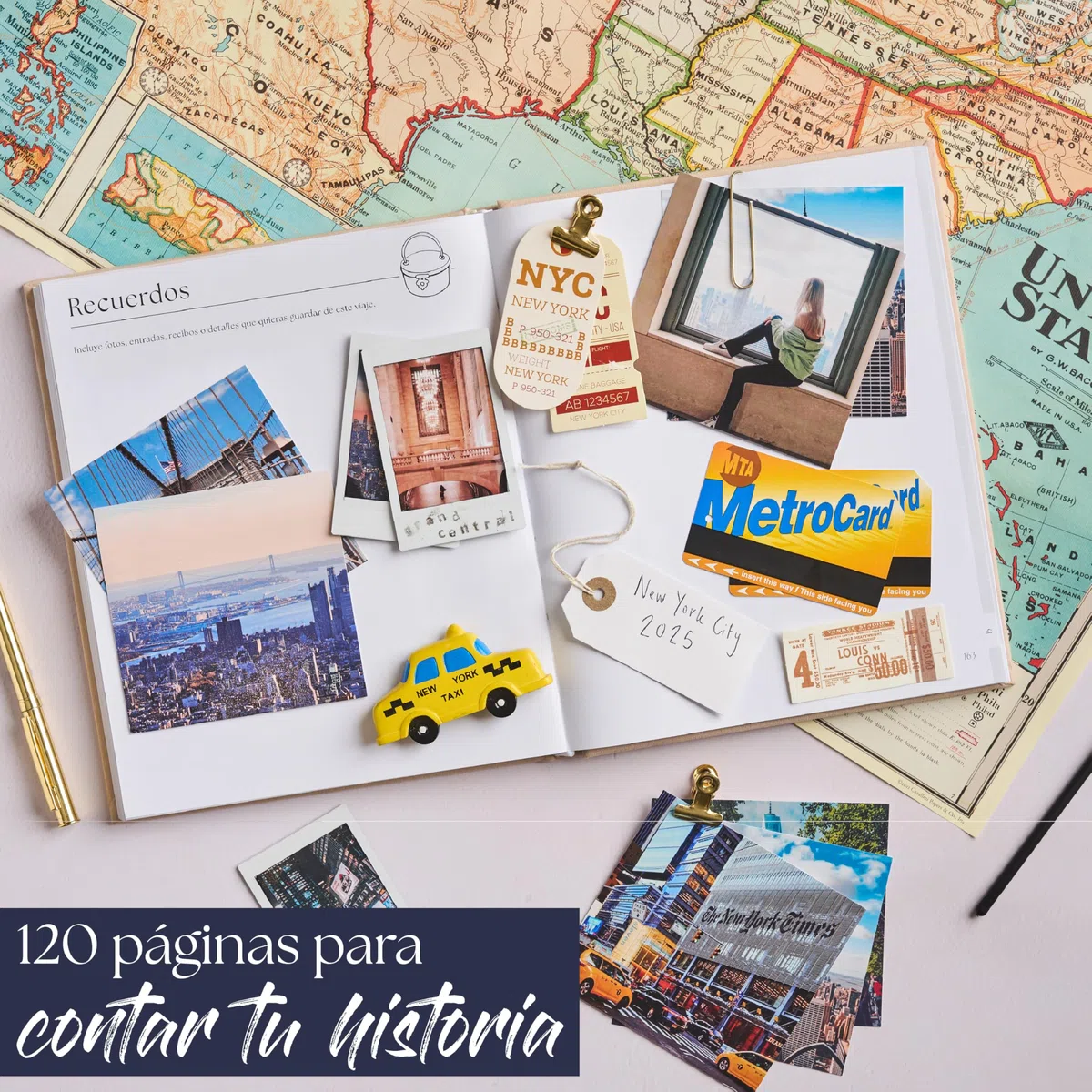 Diario de Viaje & Cuaderno de Aventuras – Scrapbook para Hasta 16 Viajes (Crema)