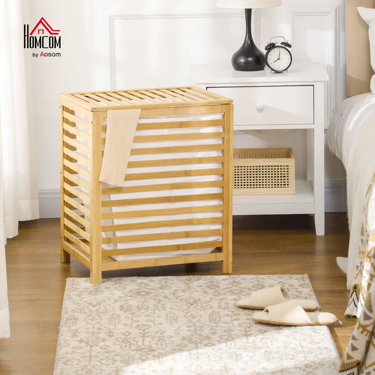 HOMCOM Cesto para Ropa Sucia de Bambú Capacidad de 55L Cesta para la Colada con Tapa 2 Asas y Bolsa Extraíble Forma Rectangular 50x36x60 cm Natural