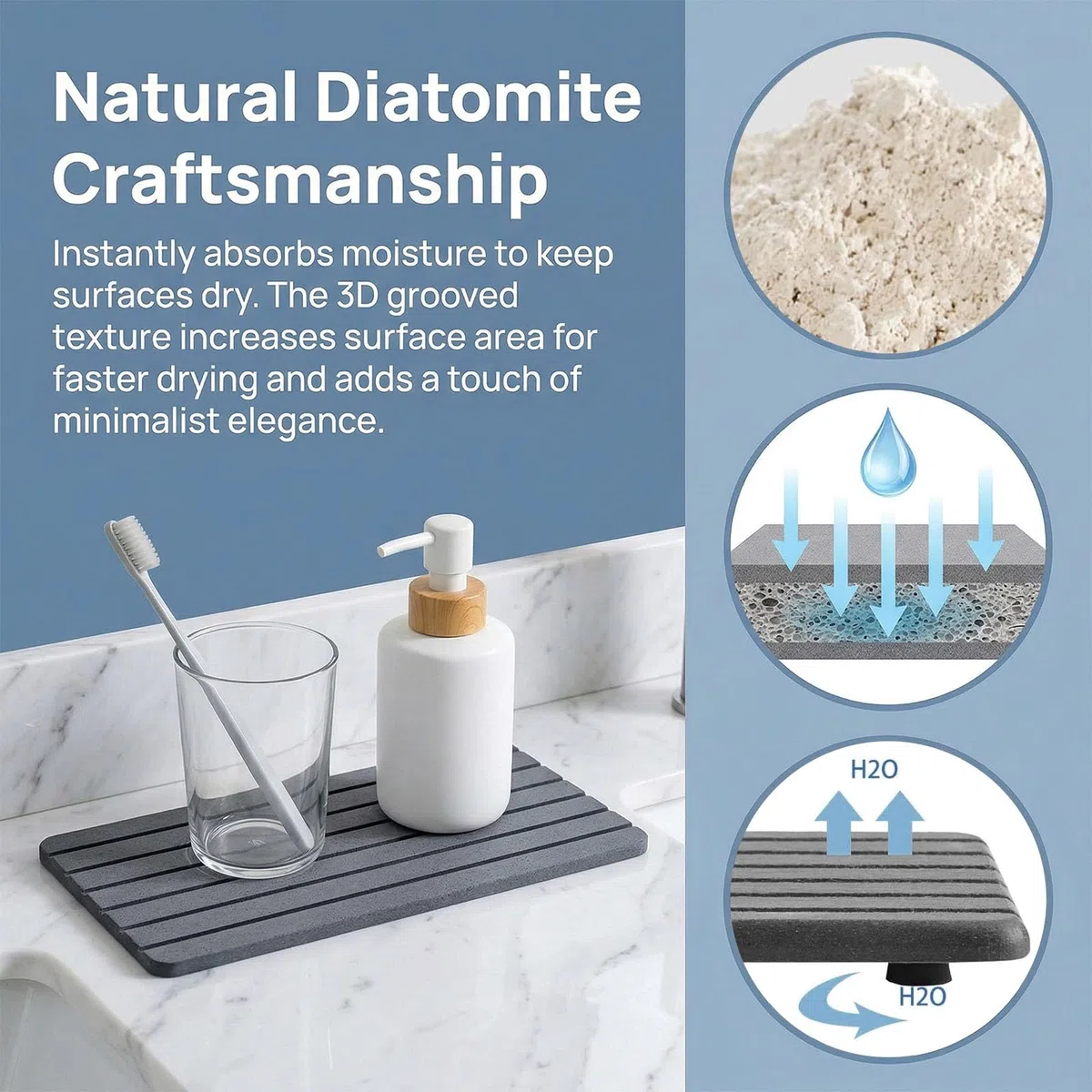 4 Piedras Diatomita para Cocina y Baño, Absorbente de Agua Alfombrilla Fregadero Posavasos Jabonera Soporte Esponja Seca Rápido, Gris Oscuro 2 Grandes (21x10 cm) + 2 Pequeñas (10x10 cm)