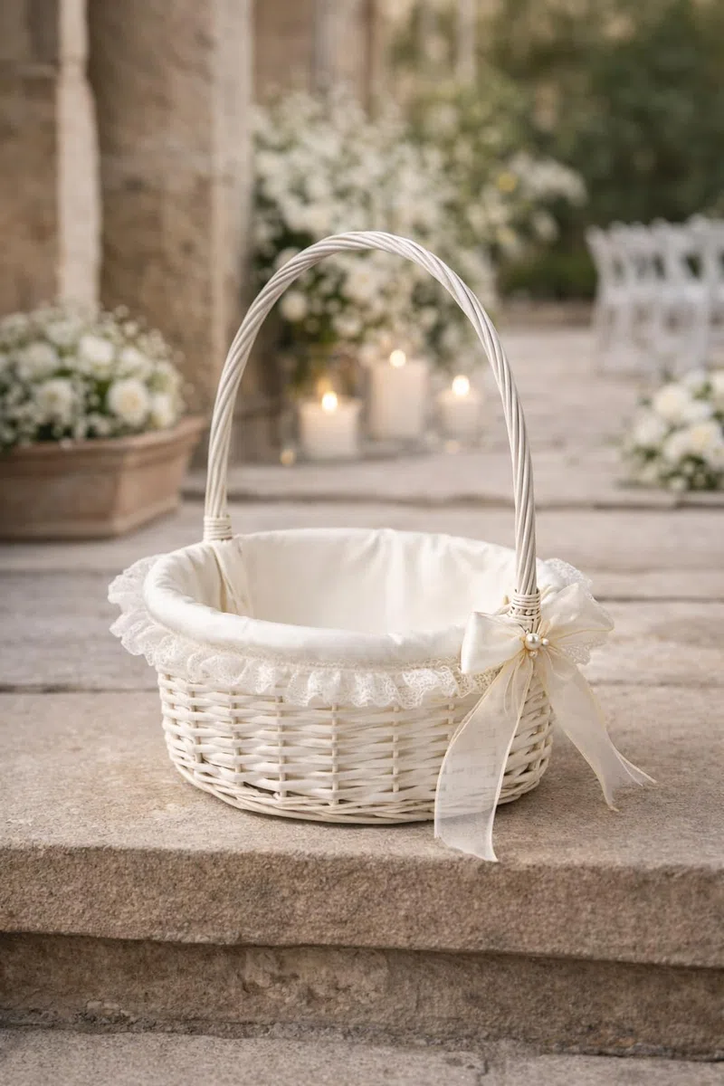 Canastilla Tela Blanca - Cesta de Mimbre Blanca para Comuniones, Bautizos, Flores, Decoración y Almacenaje - 30 * 30 * 37