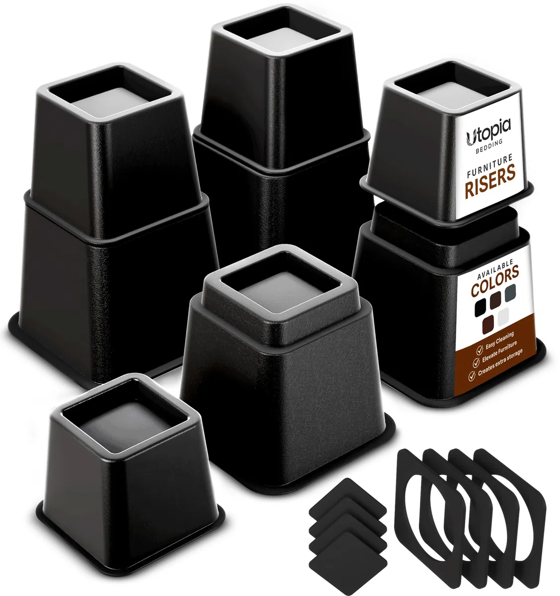 Utopia Bedding Elevadores Ajustables para Muebles de Cama (Juego de 8) - Elevación en Alturas 3, 5 u 8 Pulgadas Elevadores Resistentes para Sofá y Mesa - Soporta hasta 1.5 Libras - (Negro)