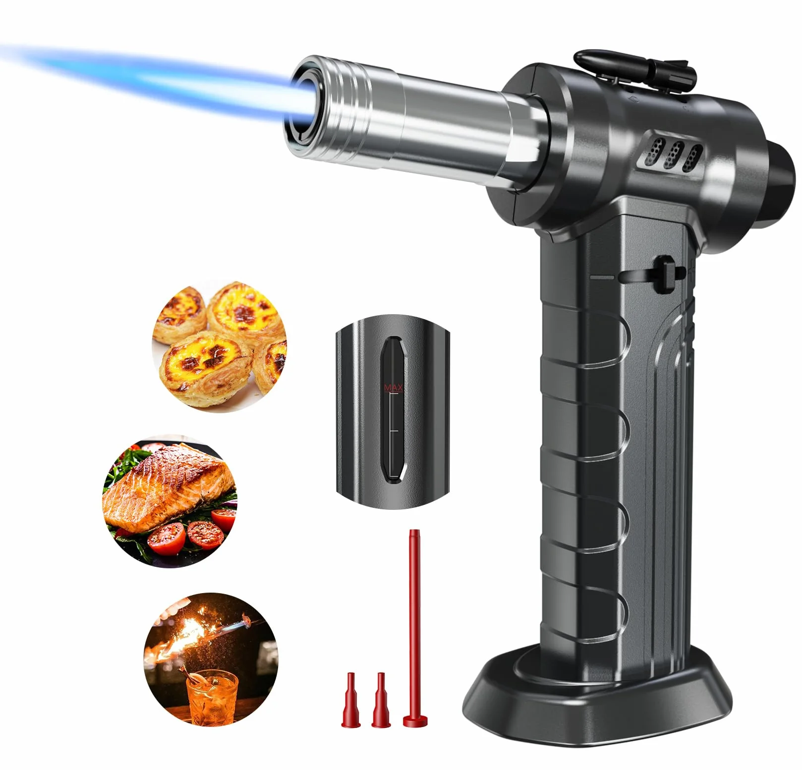 Megainvo Soplete de Cocina,Dual Llama Ajustable,Soplete Gas Butano de 18g Max Butano Recargable,Bloqueo de Seguridad,Soplete Antorcha con Indicador de Gas para Postres,BBQ y Crème Brûlée(Sin Gas)