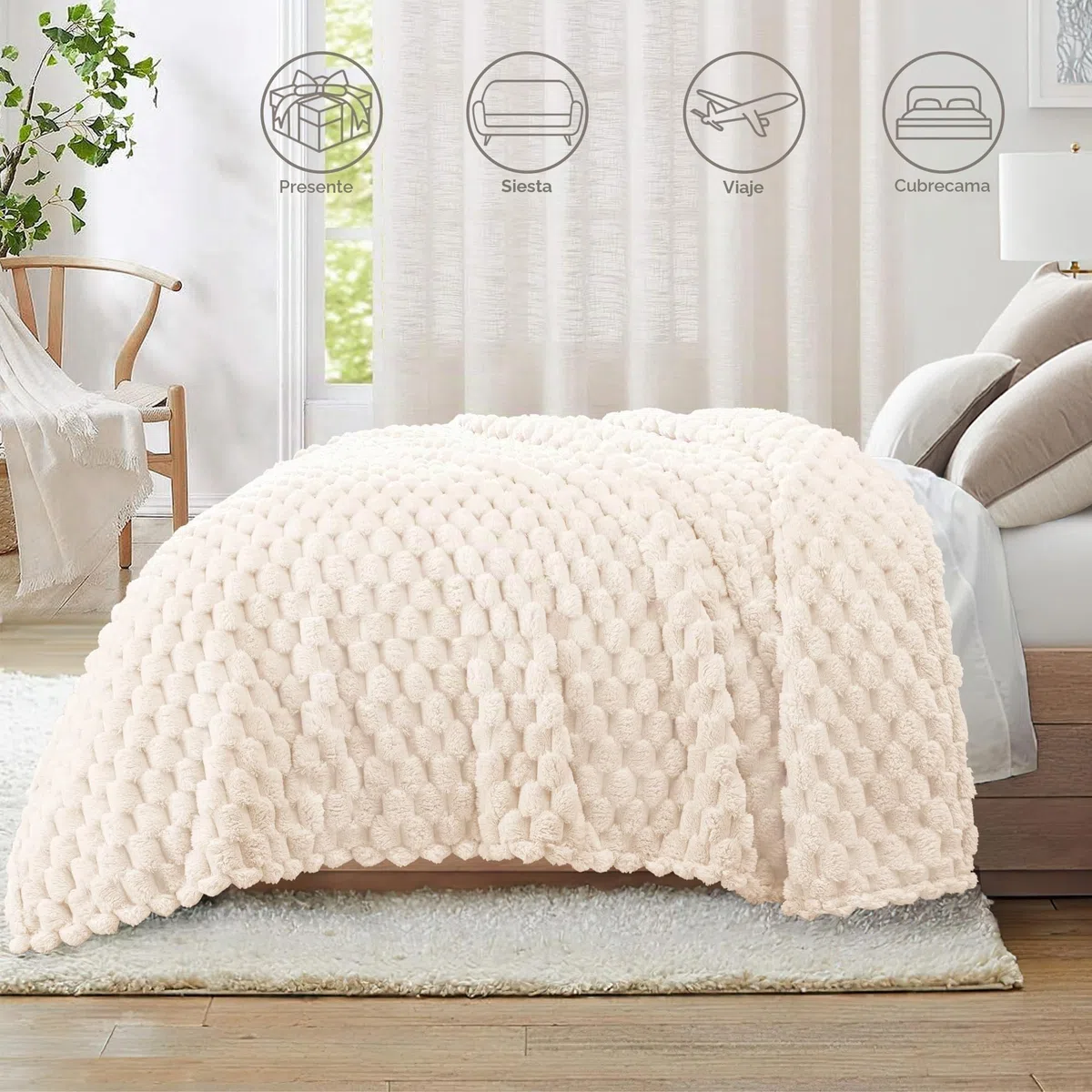 Whale Flotilla Manta Polar Suave y Mullida con Motivo Jacquard 3D, Manta para Cama Sofá y Salón Exquisita y Cálida para Todas Las Estaciones, 150 x 200 cm, Blanco