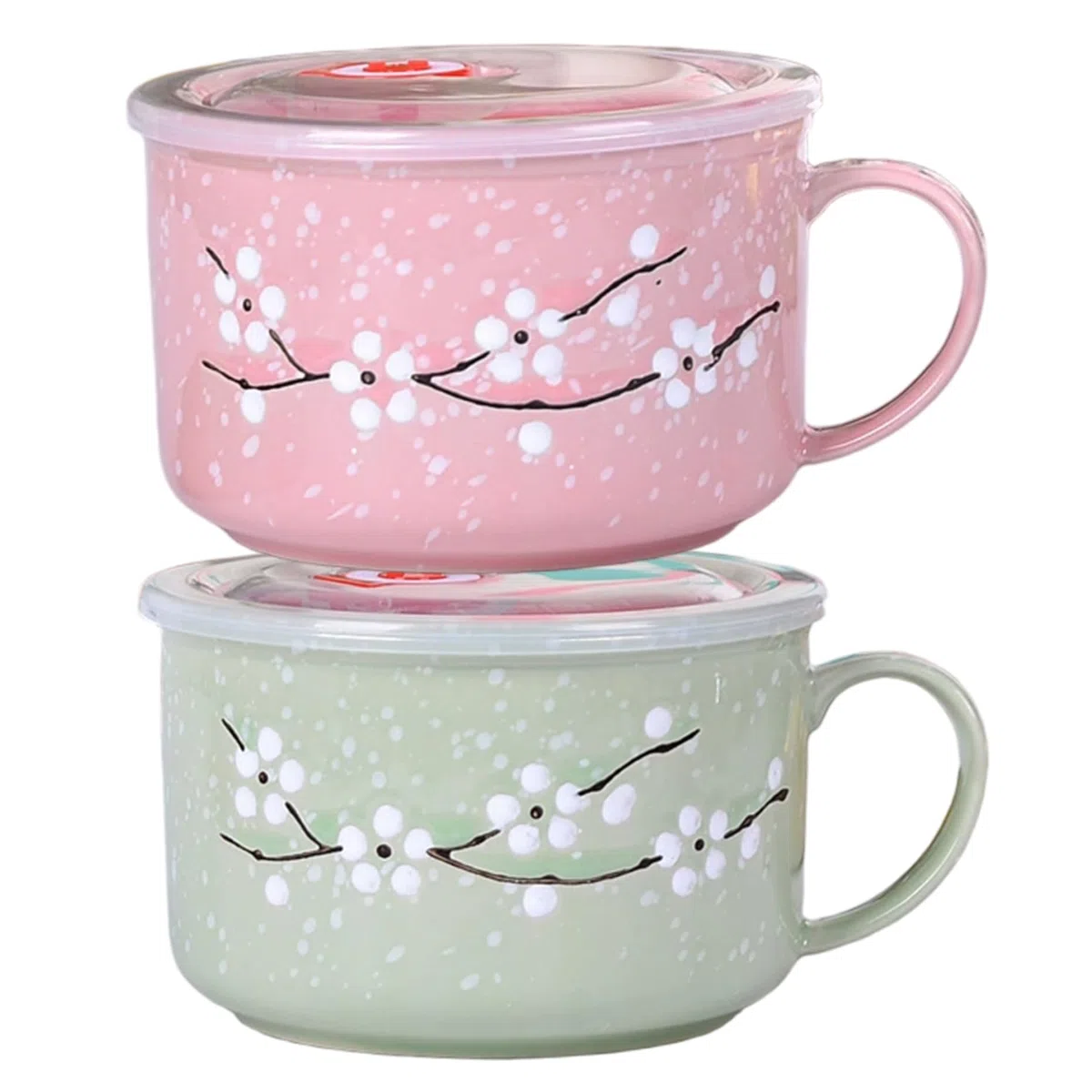 2 cuencos de sopa con asas de 800 ml/28 oz con sellado resistente al calor para microondas con tapa, taza de viaje de cerámica floral invernal para gachas de fideos ramen, cuenco de cerámica con tapa