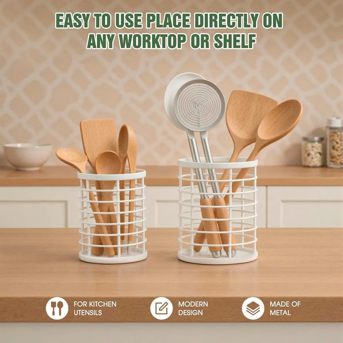 QIWODE Soporte para Utensilios de Cocina, Cesto redondo para cubiertos, organizador de utensilios de cocina para cucharas, espátulas, tenedores, metal, blanco