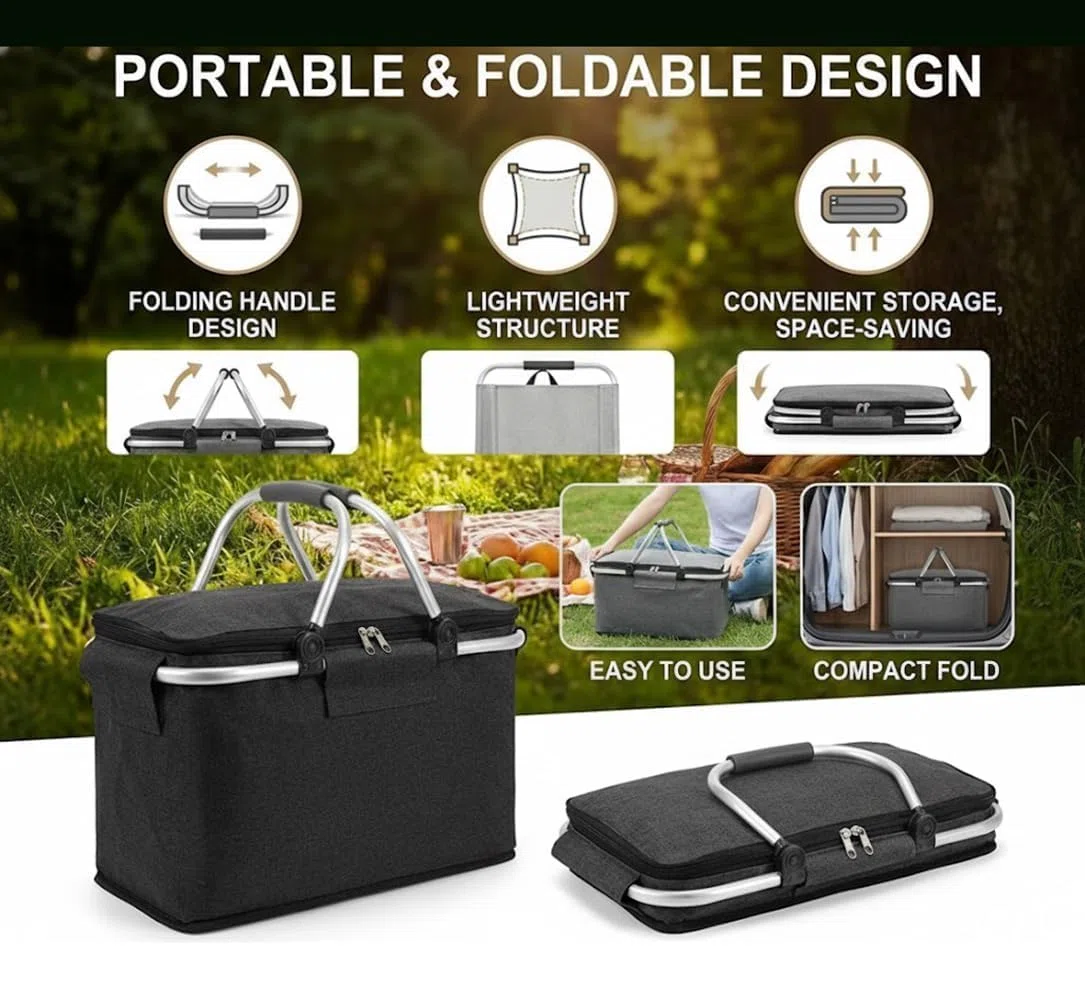 Cesta de la compra plegable con función de refrigeración, cesta de picnic térmica, cesta de transporte, nevera portátil con asas acolchadas, para ir de compras, viajar y hacer picnics. 18 L (Negro).