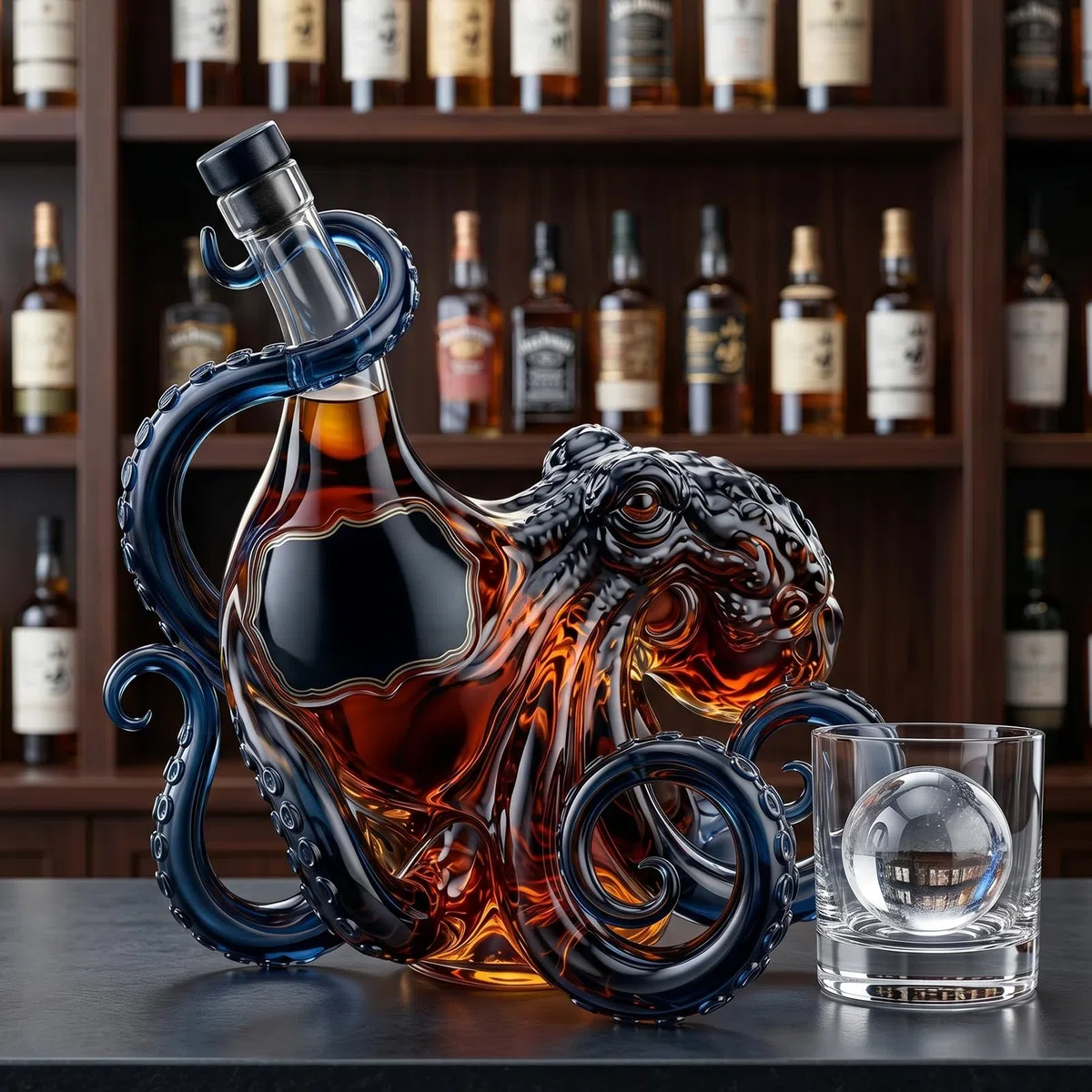 Botella decantadora de vidrio en forma de pulpo 3D artística de borsilicato de 350ml para whisky, vino, licores. Botella de vino de pulpo única, decoración náutica de bar, regalo coleccionable para