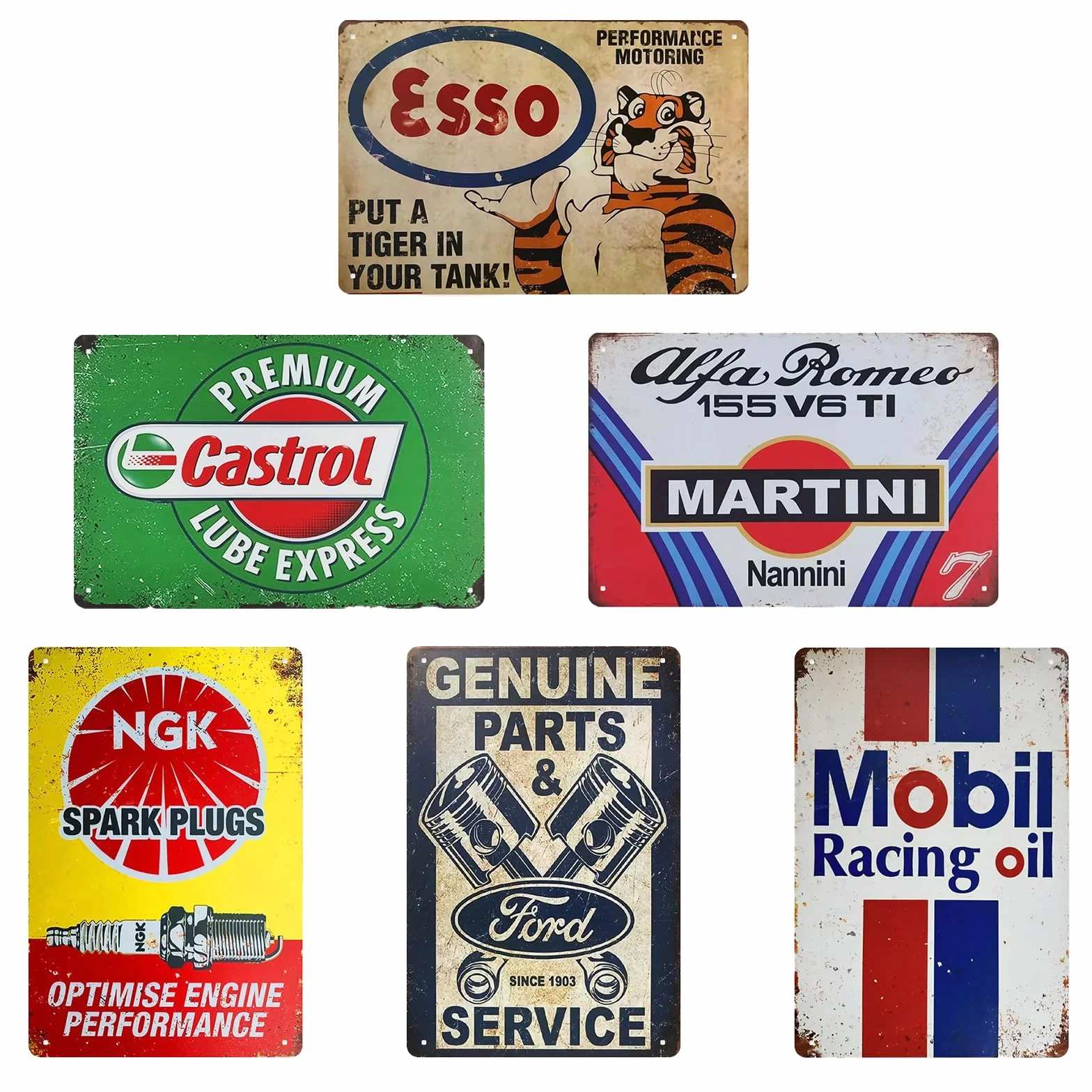 Juego de 6 carteles de metal vintage (20 x 30 cm), estilo retro, decoración de pared para garaje, taller, bar, arte de pared clásico automotriz