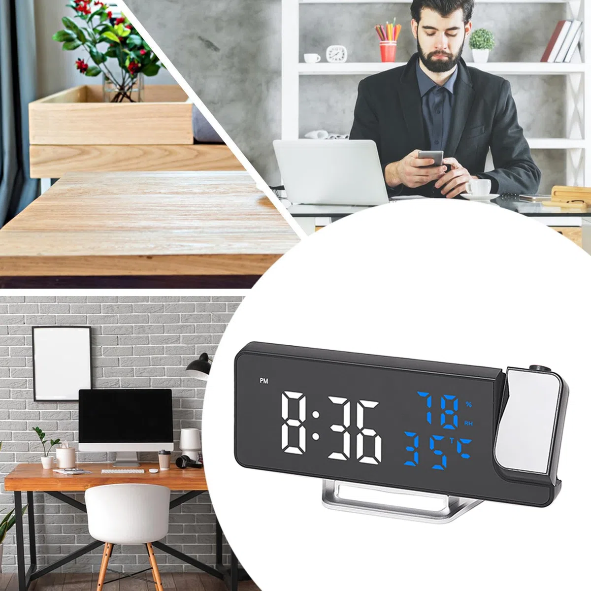Alarma con proyección digital: reloj con pantalla giratoria ajustable, temporizador LED compacto, sensores de temperatura y humedad | Gadget para la habitación de oficina en casa de diseño elegante