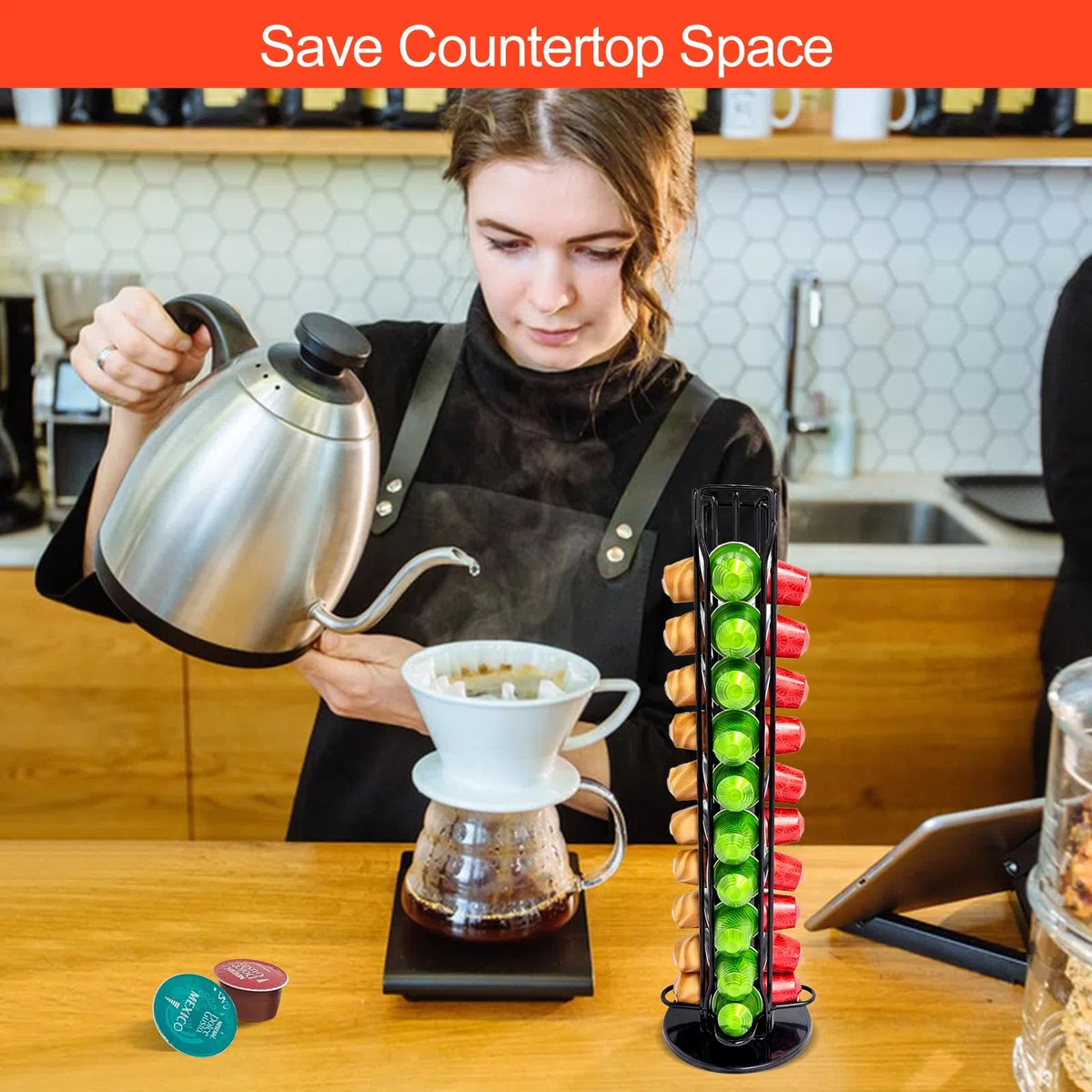 Lectorias Porta Capsulas para Nespresso, Soporte para Contener 40 Piezas Café Capsulas, 360 Grados Giratorio Dispensador Capsulas, Negro Organizador Cápsulas con Base Antideslizante, Hecho de Metal