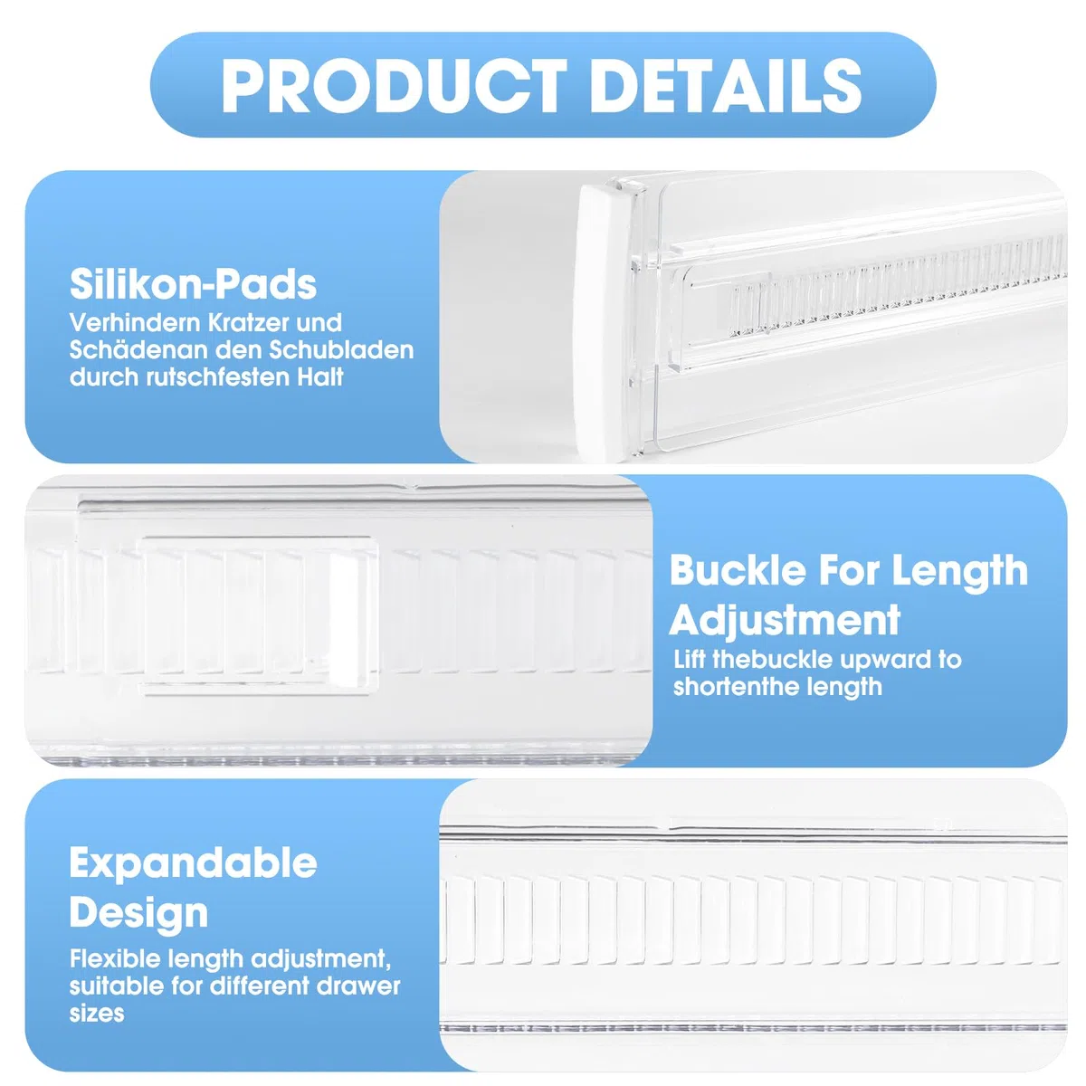 Separadores de Cajones Ajustables, Juego de 4 Divisores de Organizador Cajones Transparente Cajones Extensibles de Plástico para Tocador Armario Cocina Dormitorio Tamaño 28,8-50cm