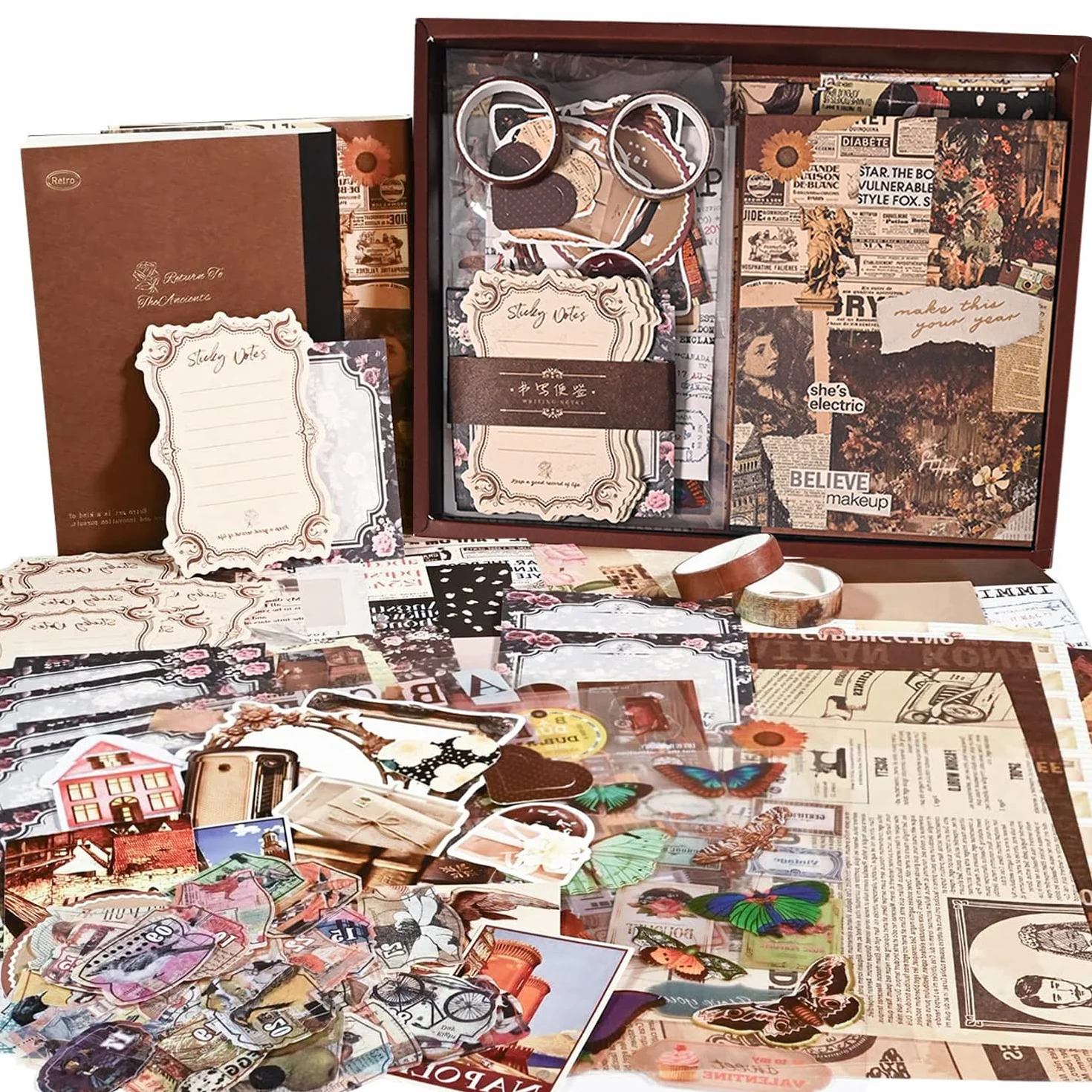 136 Piezas Material Scrapbooking Kit, Vintage Bullet Journal Kit con Cuaderno A6, Papel Scrapbooking Vintage, Washi Pegatinas Scrapbook Stickers Accesorios Kit para DIY Bullet Journal Album Fotos