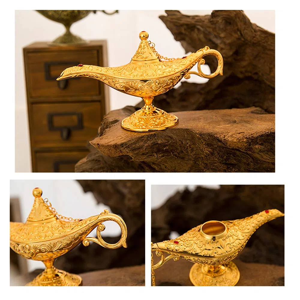 Magic Aladdin, Retro Metal Fairy Tale Aladdin Magic Genie Teapot Oil Home Table Decoración (Oro)