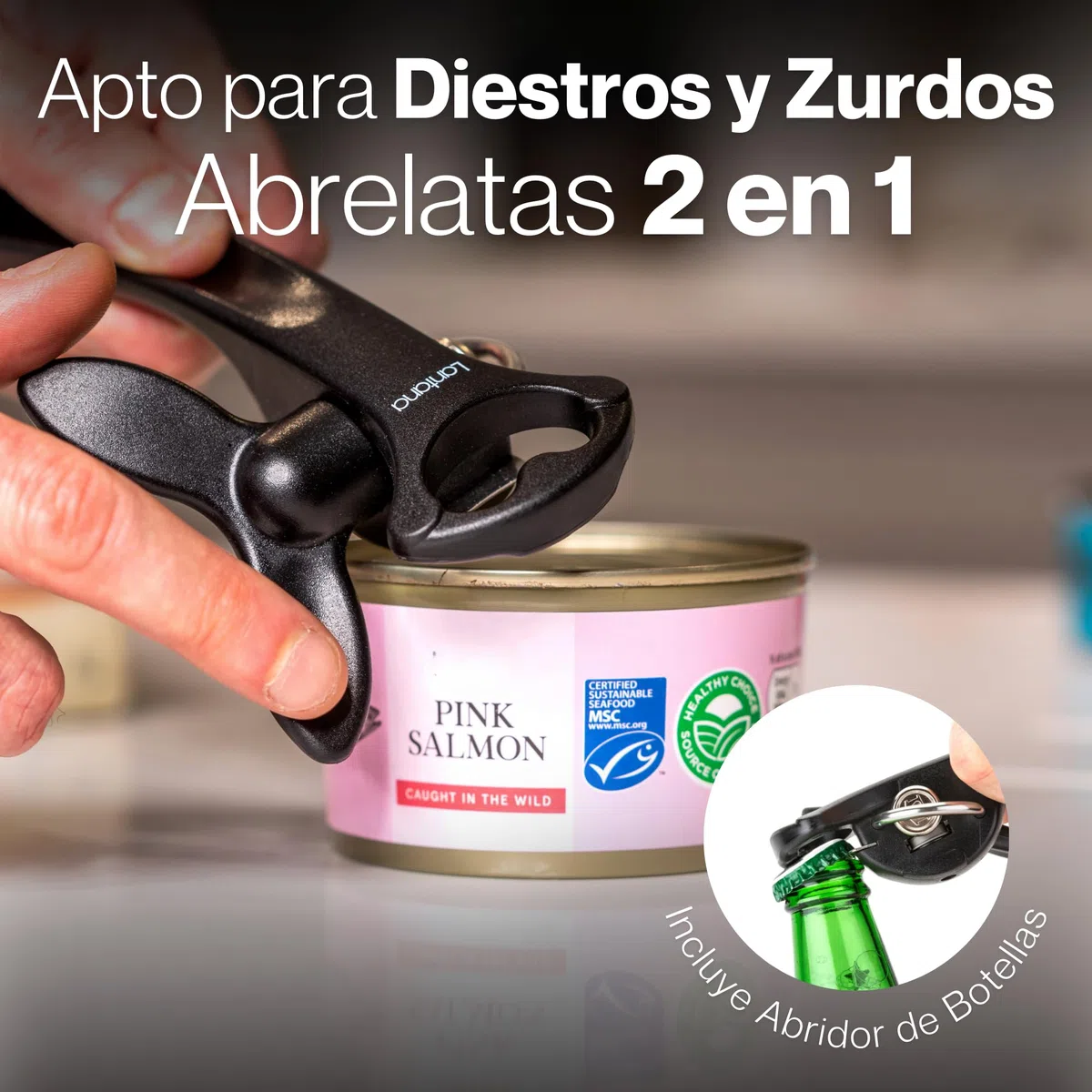 Lantana - Abrebotellas y abrelatas 2 en 1 - De seguridad, corta los bordes en redondo - Negro/acero inoxidable