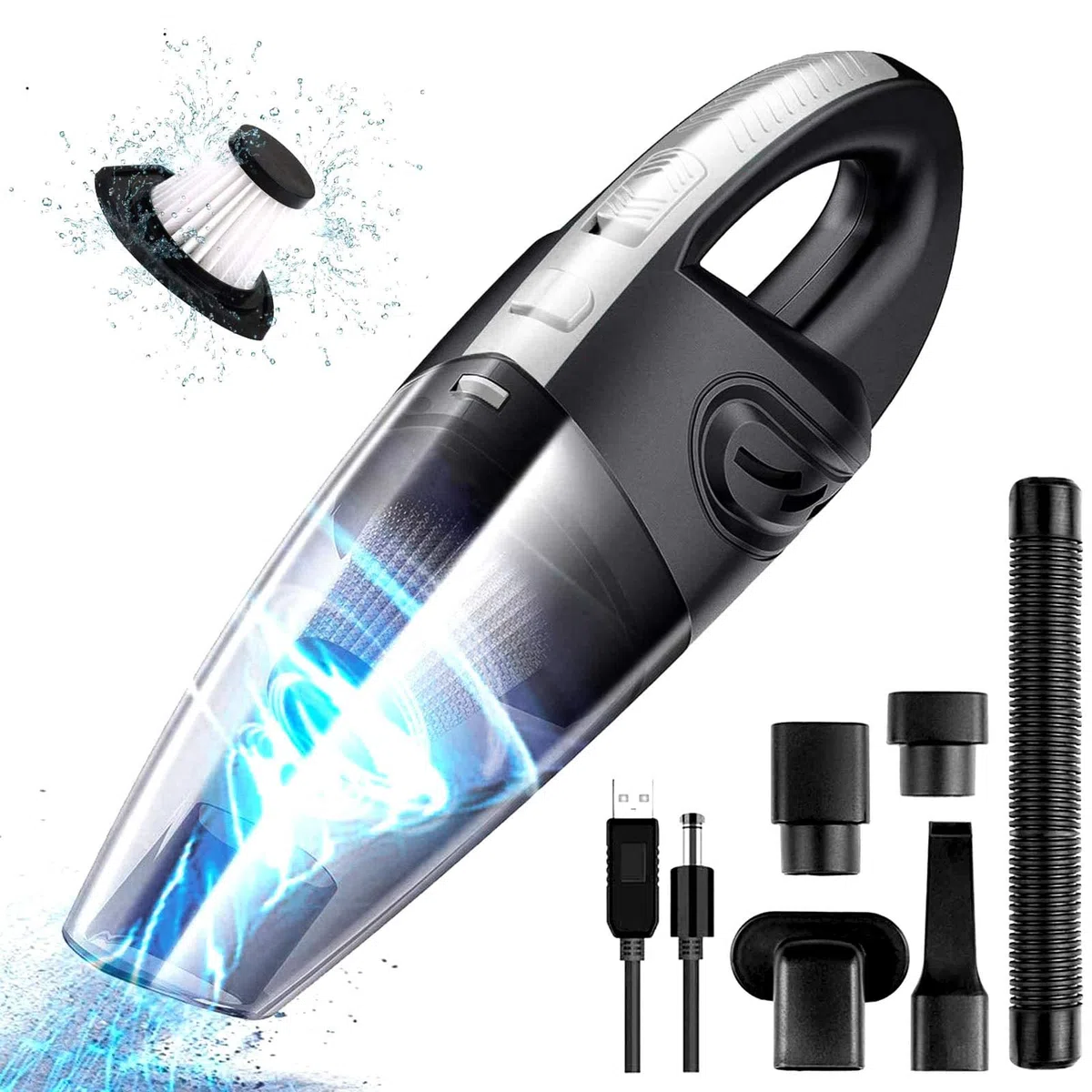URAQT Aspiradora de Mano, 120W Sin Cable Potente, Carga rápida USB, en Seco y Húmedo, Batería de 2200mAh,Filtro Lavable, Accesorio Completo para Oficina, Hogar, Coche
