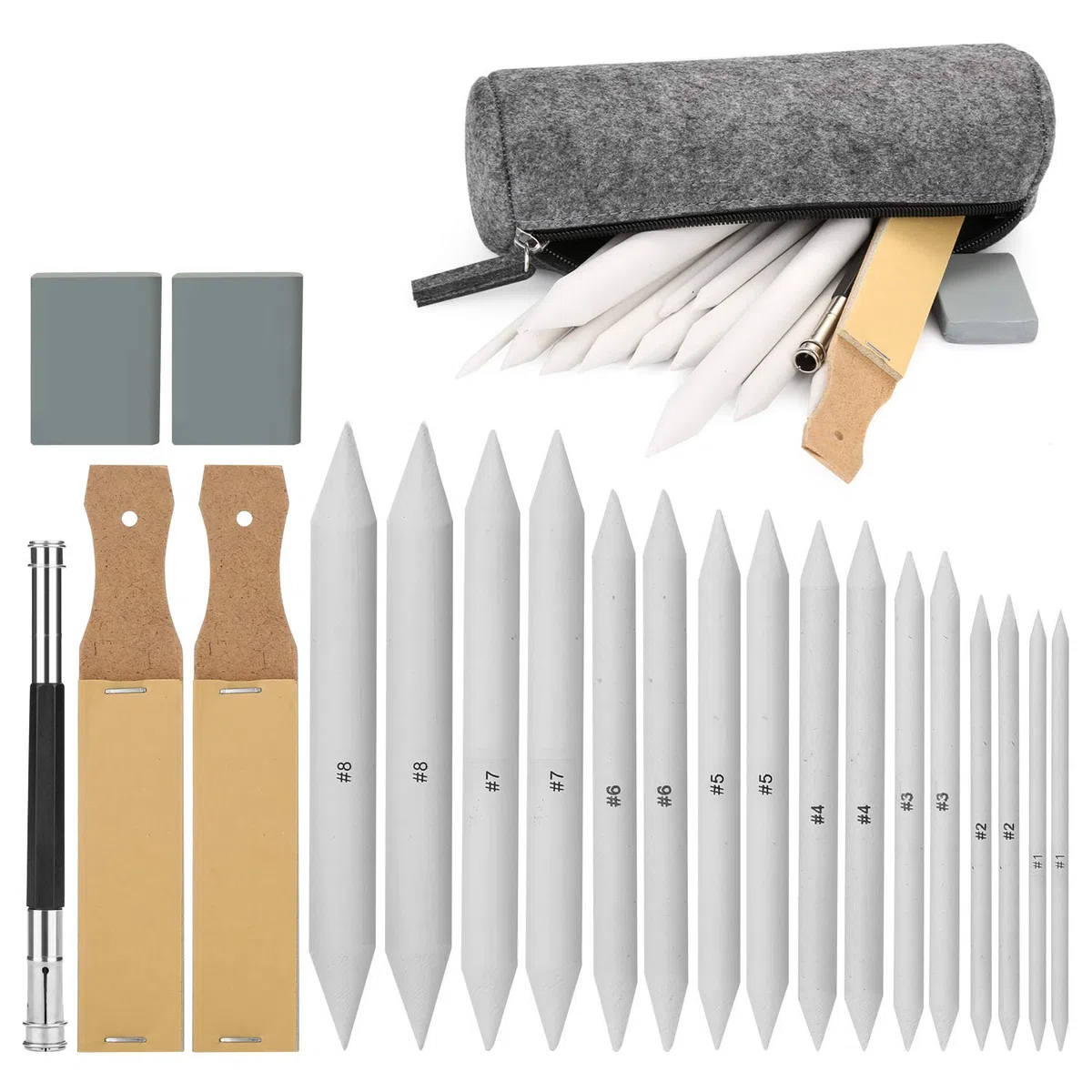 Kit de 22 Piezas de Dibujo para Bocetos, AGPtEK 16 Difuminadores con 2 Afiladores de Lija, 1 Herramienta de Extensión, 2 Gomas de Borrar y 1 Estuche de Fieltro para Dibujar, Estudiantes y Artistas
