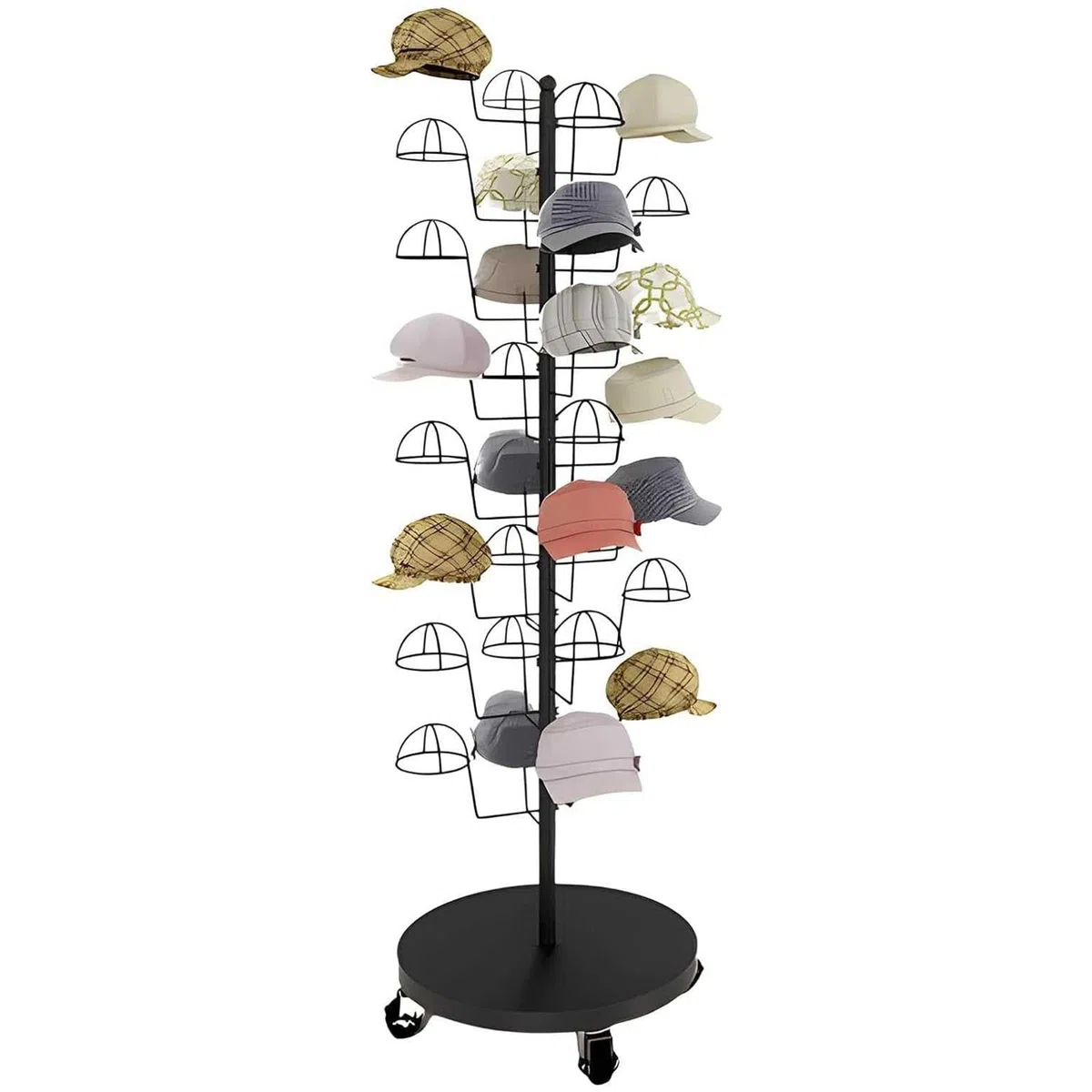 Soporte de exhibición de Sombreros de Varias Capas con Ruedas, Estante Organizador para Pelucas y Sombreros, Estante Que Ahorra Espacio para Uso Comercial, domé,Black-Place 30 Hats