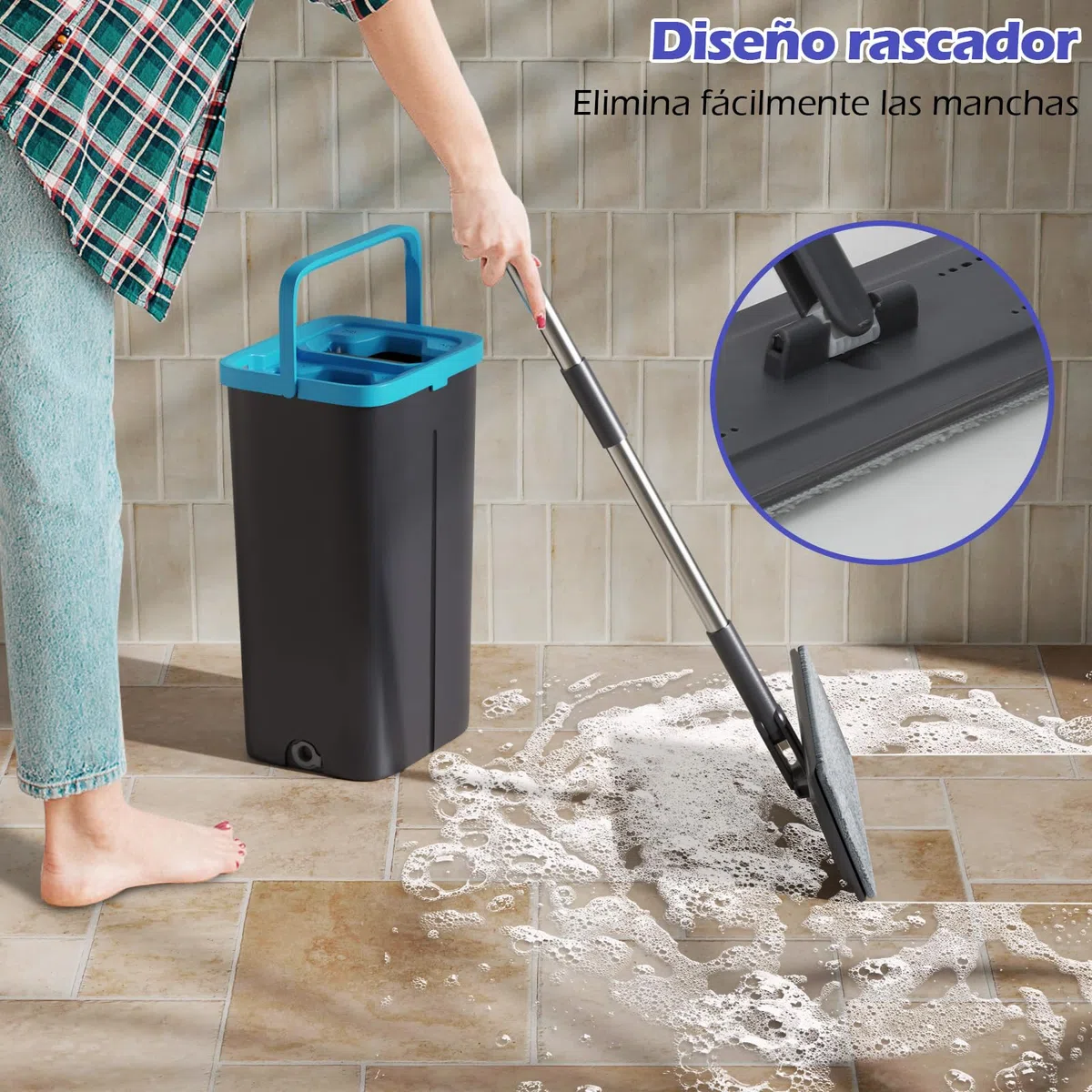Mopa Fregona con Cubo Escurridor, Mopas de Limpieza Suelos con 6 Almohadillas Reutilizables y Mango de Acero Inoxidable, Juego de Fregona y Cubo, Mopa para Limpiar Azulejos y Paredes, Azul