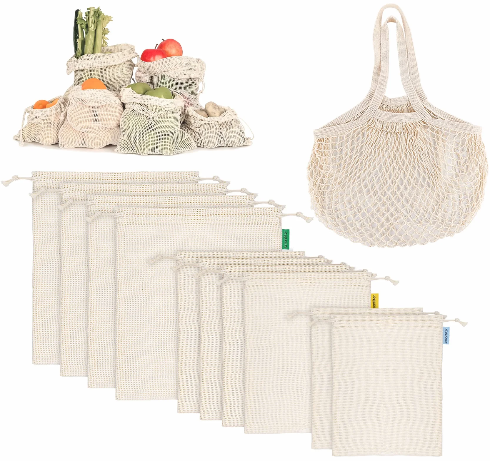 Anstore Juego de 11 Bolsas Reutilizables para Frutas y Verduras - Algodón, Sin Plástico, Redes de Compras, Bolsas de Pan