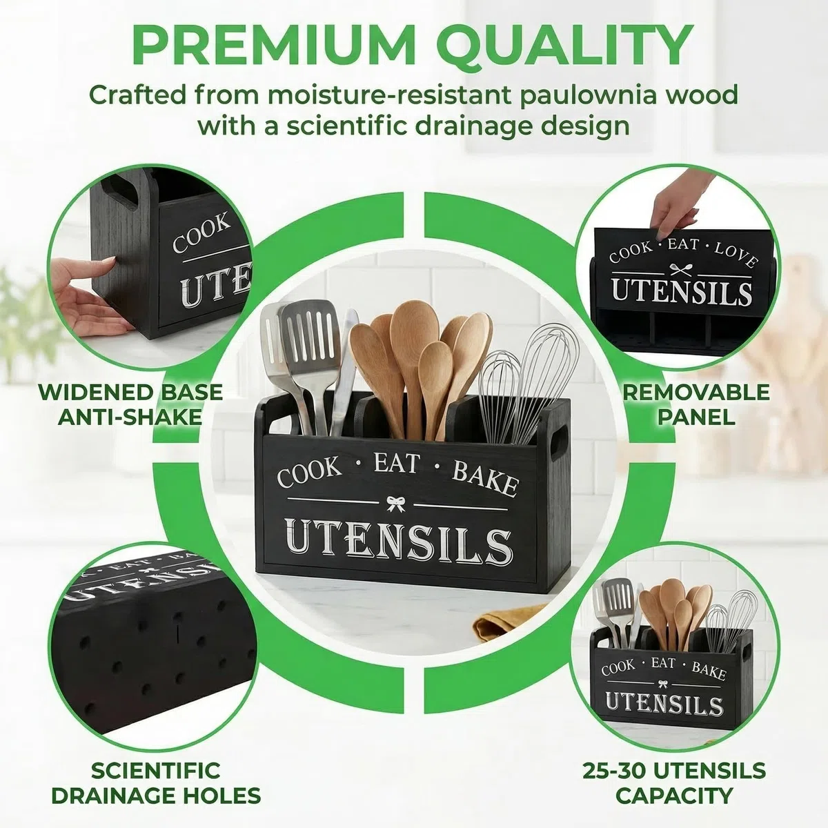 Porta Utensilios de Cocina Negro y Madera de Sicómoro con 3 Compartimentos Organizador de Cubiertos Soporte para Utensilios de Cocina con Orificios de Drenaje, Separador Extraíble 27 x 10,5 x 15 cm