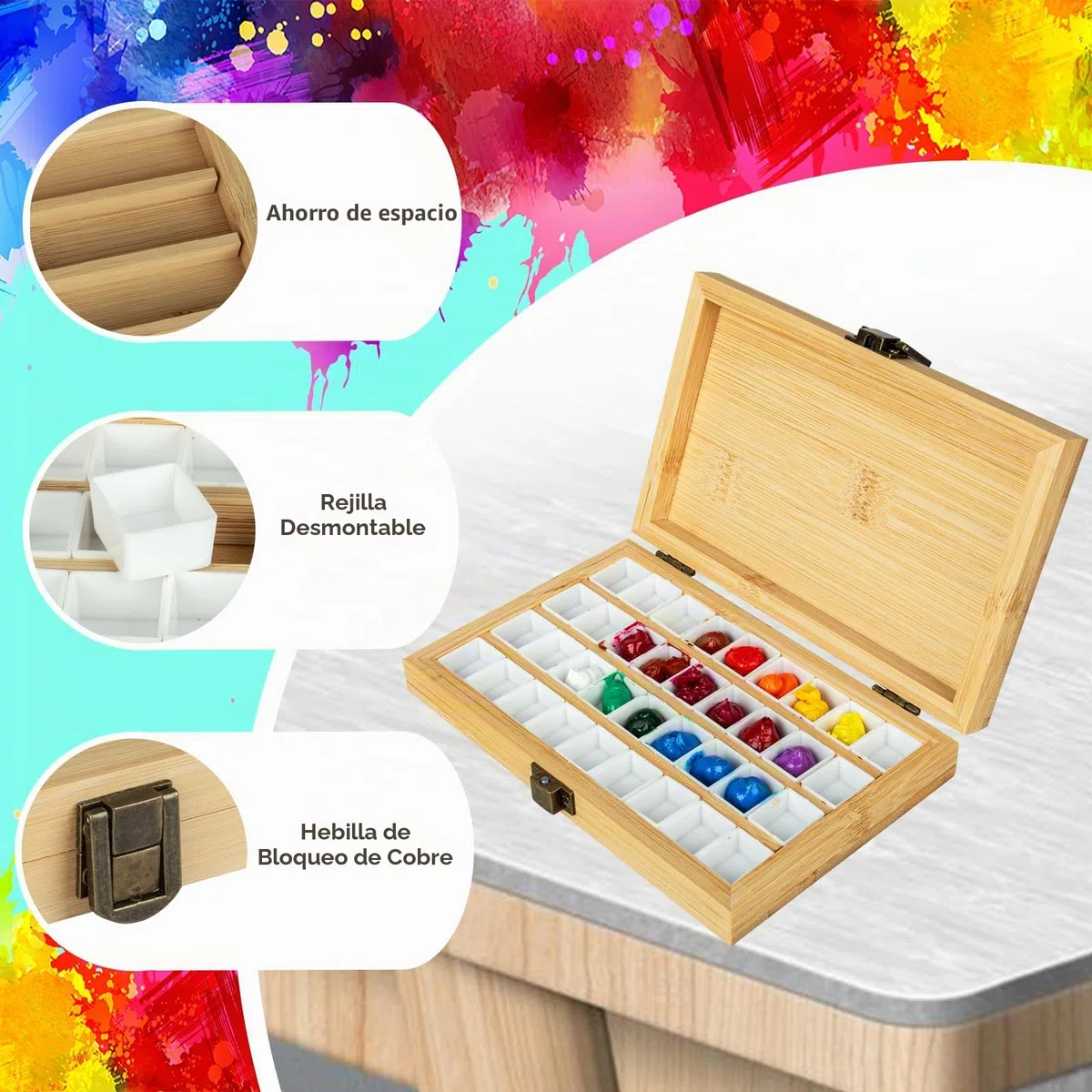Paleta de Pintura de Madera para Acuarelas con Tapa Hebilla Cuadrada Paleta de Pintura Acrílica con 36 Rejillas para Pintores del Ejército Pintores de Acuarela Artistas Principiantes