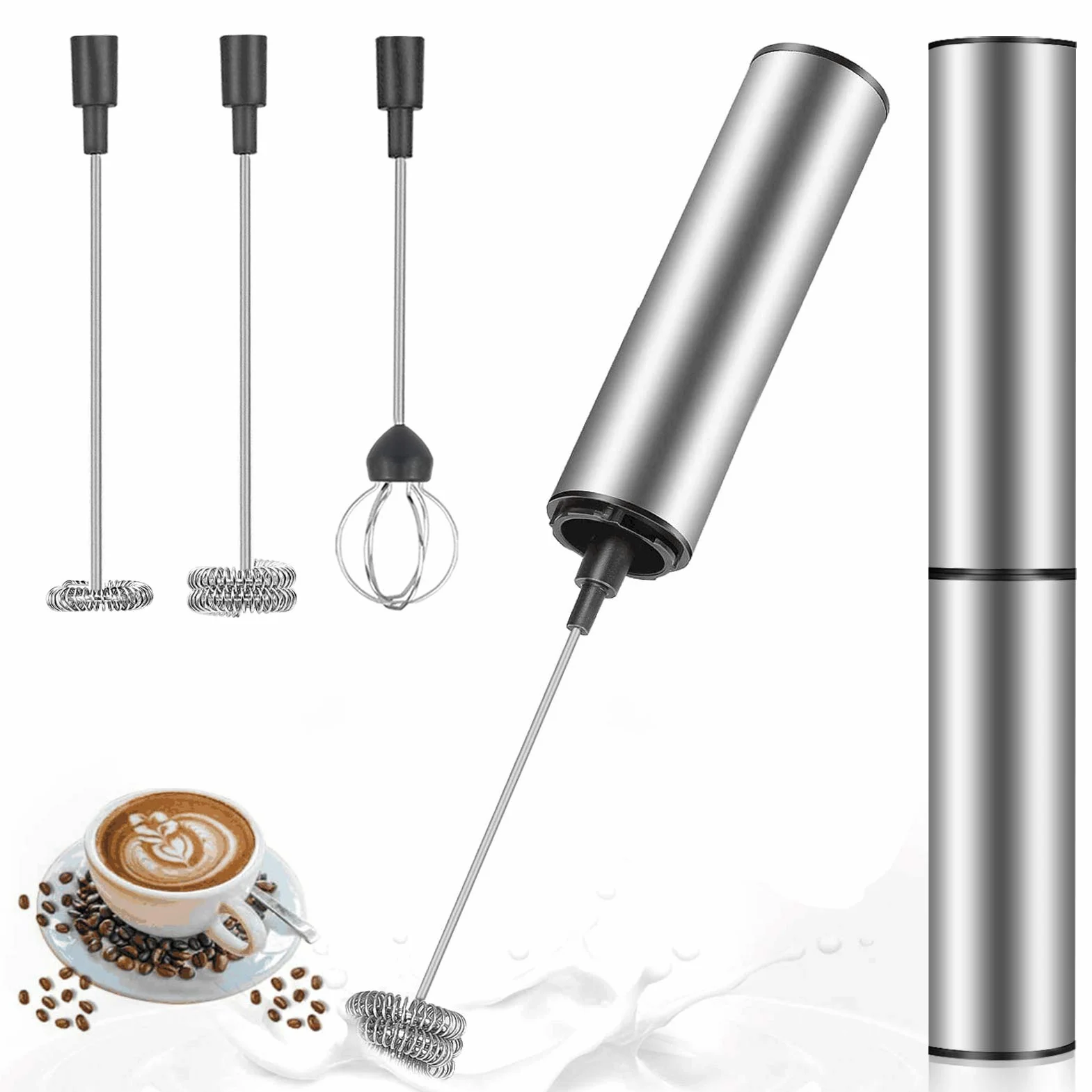 MOSUO Espumador de Leche Eléctrico, USB Recargable Batidor de leche de Acero Inoxidable con Cabezal Doble/Simple y Batidor de Globo, Mini Batidora para Huevos Cafe Latte Cappuccino (USB)