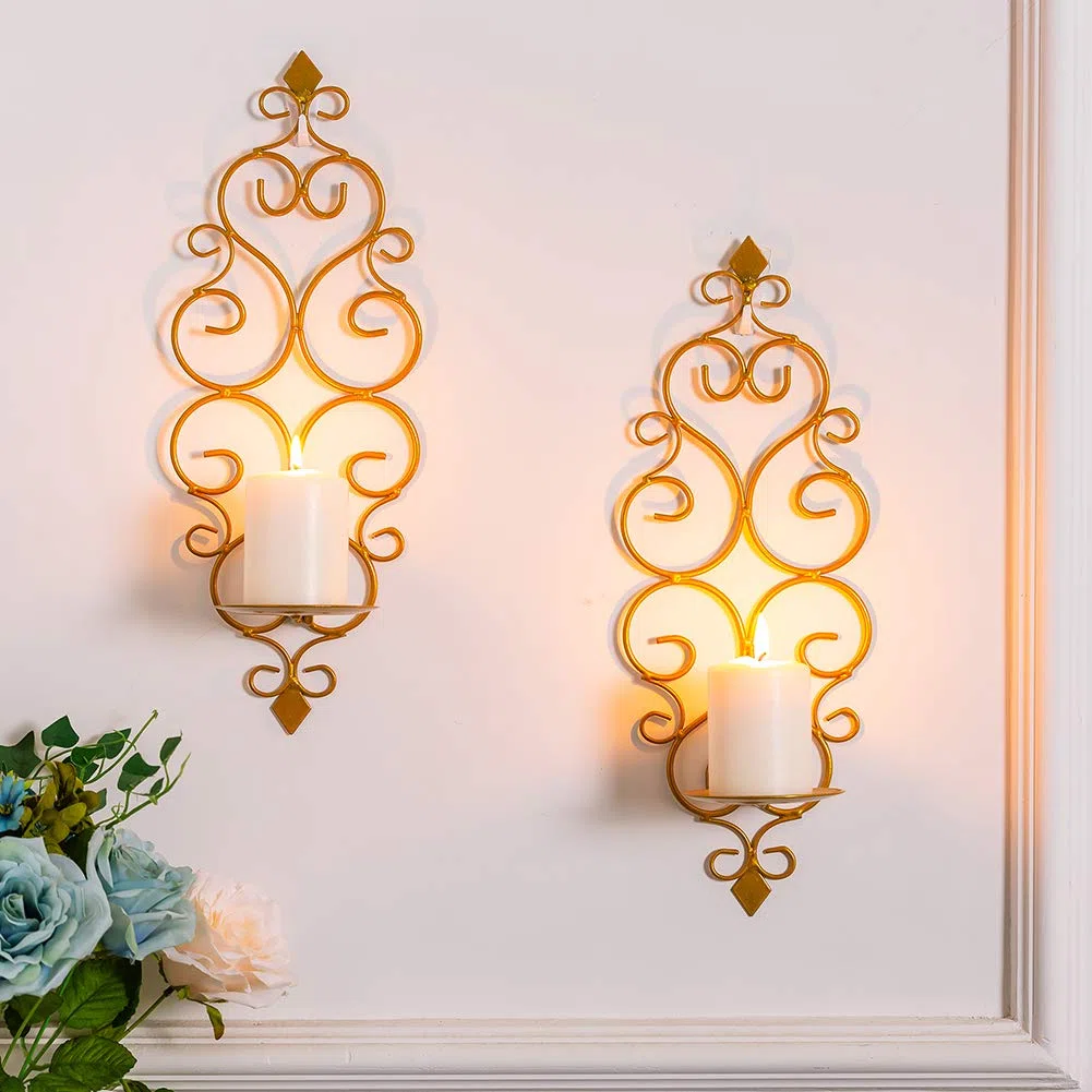 Sziqiqi Candelabro de Pared del Estilo Retro, Candelero Colgante de Arte de Hierro para Decoración de Casa, Montado en la Pared Sostenedor de Vela, Oro