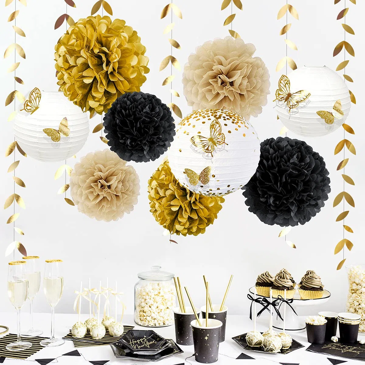 Kit de Decoración para Fiesta Negro y Dorado 18 Piezas Pompones de Papel de Seda, Farolillos de Papel Redondos Guirnaldas de Hojas y Mariposas para Cumpleaños, Boda, Graduaciones Baby Shower