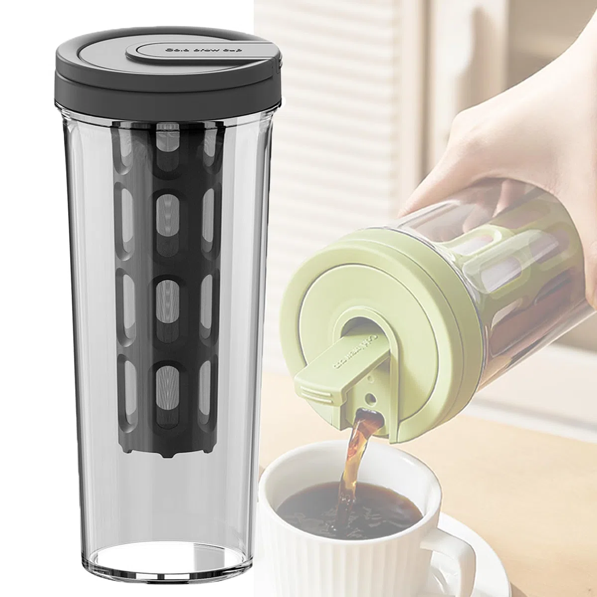 Cafetera fría y jarra de té helado, enfriador de bebidas de gran capacidad con filtro de malla, 1 L (35 onzas) (gris)