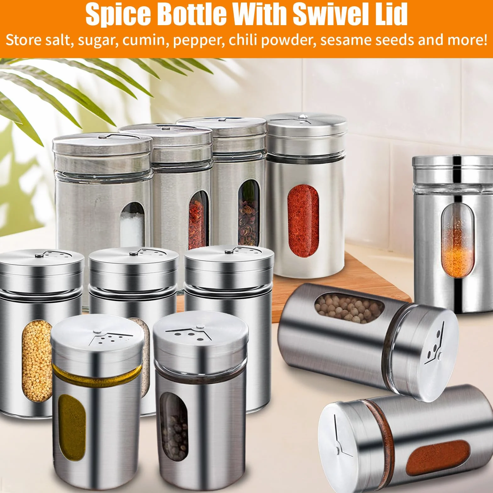 12Pcs 100ml Botes Especias con 3 Tipos Dosificadores, Tarros Acero Cristal Inoxidable Lavavajillas, Frascos Espaciarías Sal Pimienta Cocina para Conservar y Dosificar Pimentón, Polvos, Hierbas Secas