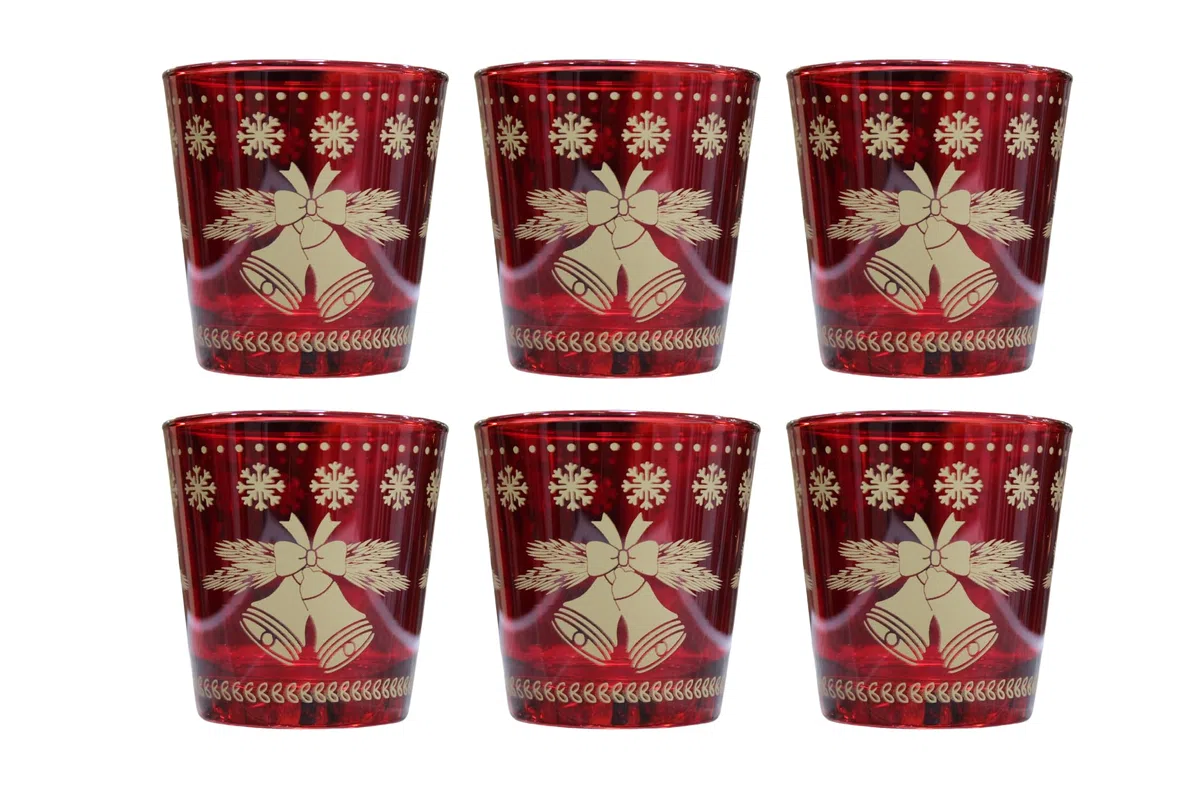 Juego de 6 vasos navideños de cristal rojo con campanas y copos de nieve color dorado, ideales para la mesa de Navidad