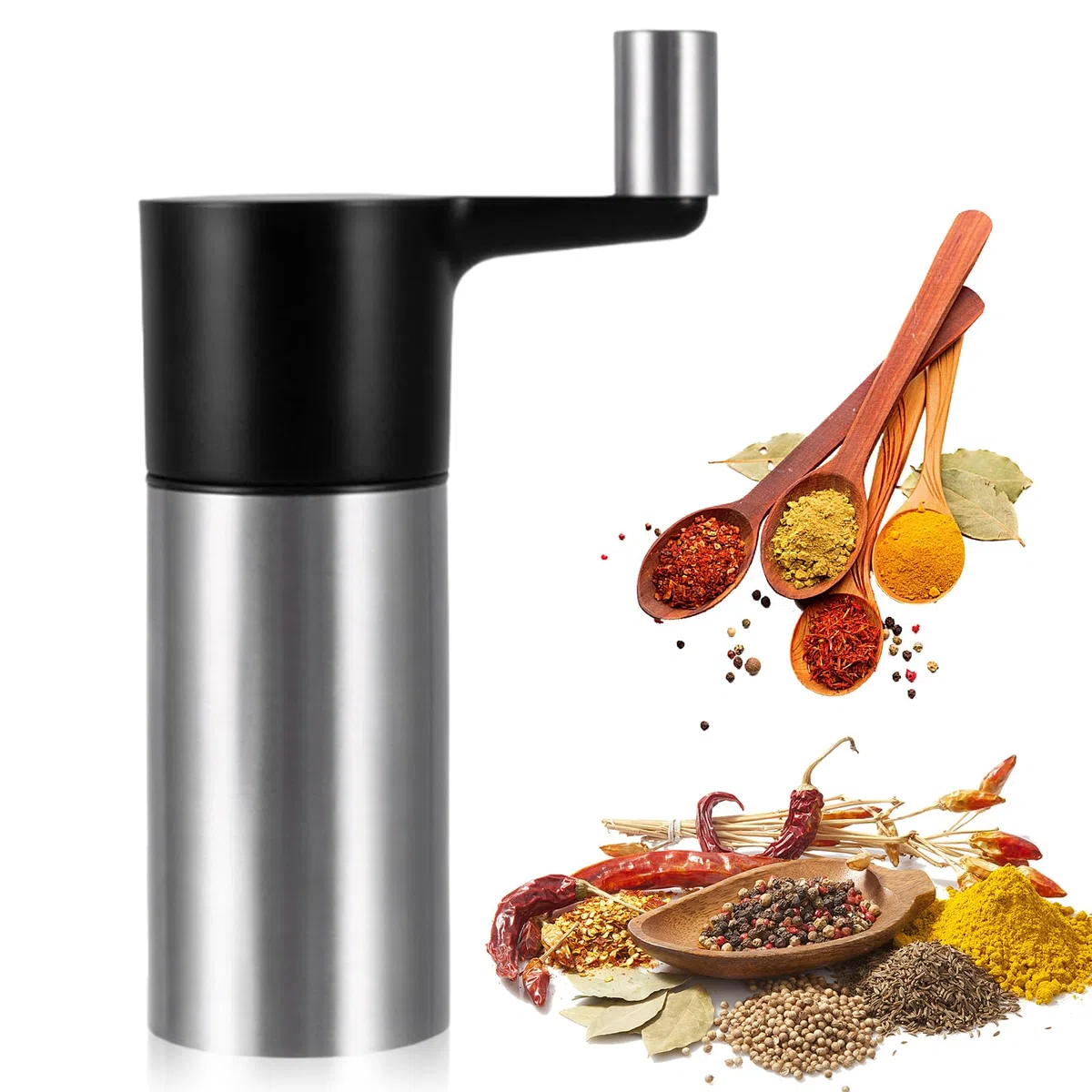 Molinillo de nuez moscada, 3 nueces moscadas, acero inoxidable con recipiente de almacenamiento y manivela para nuez moscada entera, habas tonka