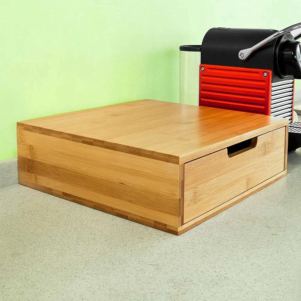 BAKAJI Dispensador Con Cajón Para Almacenar Cápsulas Almacenamiento Organizador Cápsula de Nespresso Dolce Gusto Café Té Pòds Porta Cápsulas de Madera de Bambú 31 x 30,5 x 9,5 cm