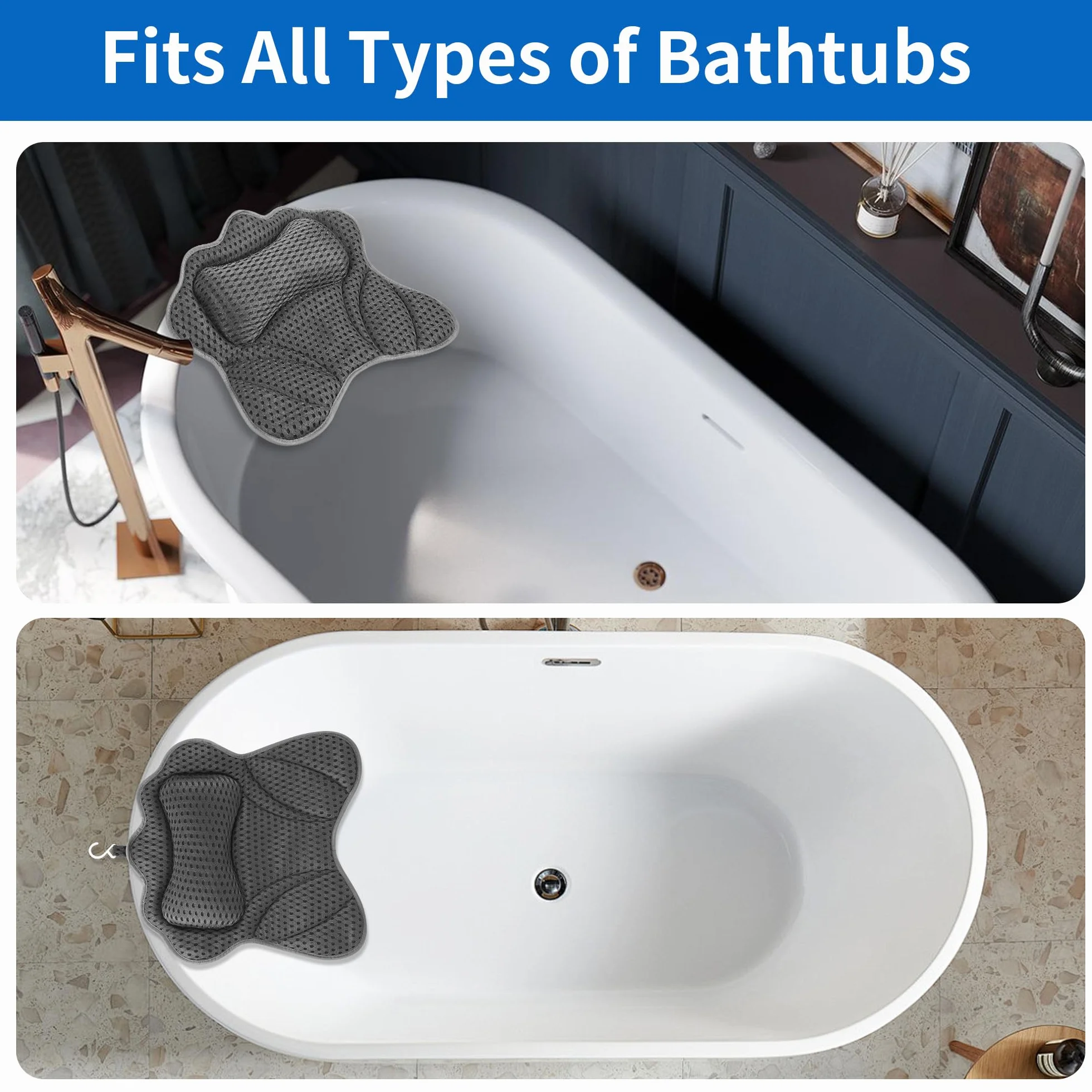 Almohada Bañera，Cojin Bañera，Almohada de Baño de Malla 4D，con 6 Tazas de succión para Relajarse para soportar su Cuello, Hombros, Cabeza y Espalda, para SPA para el hogar (Gris)