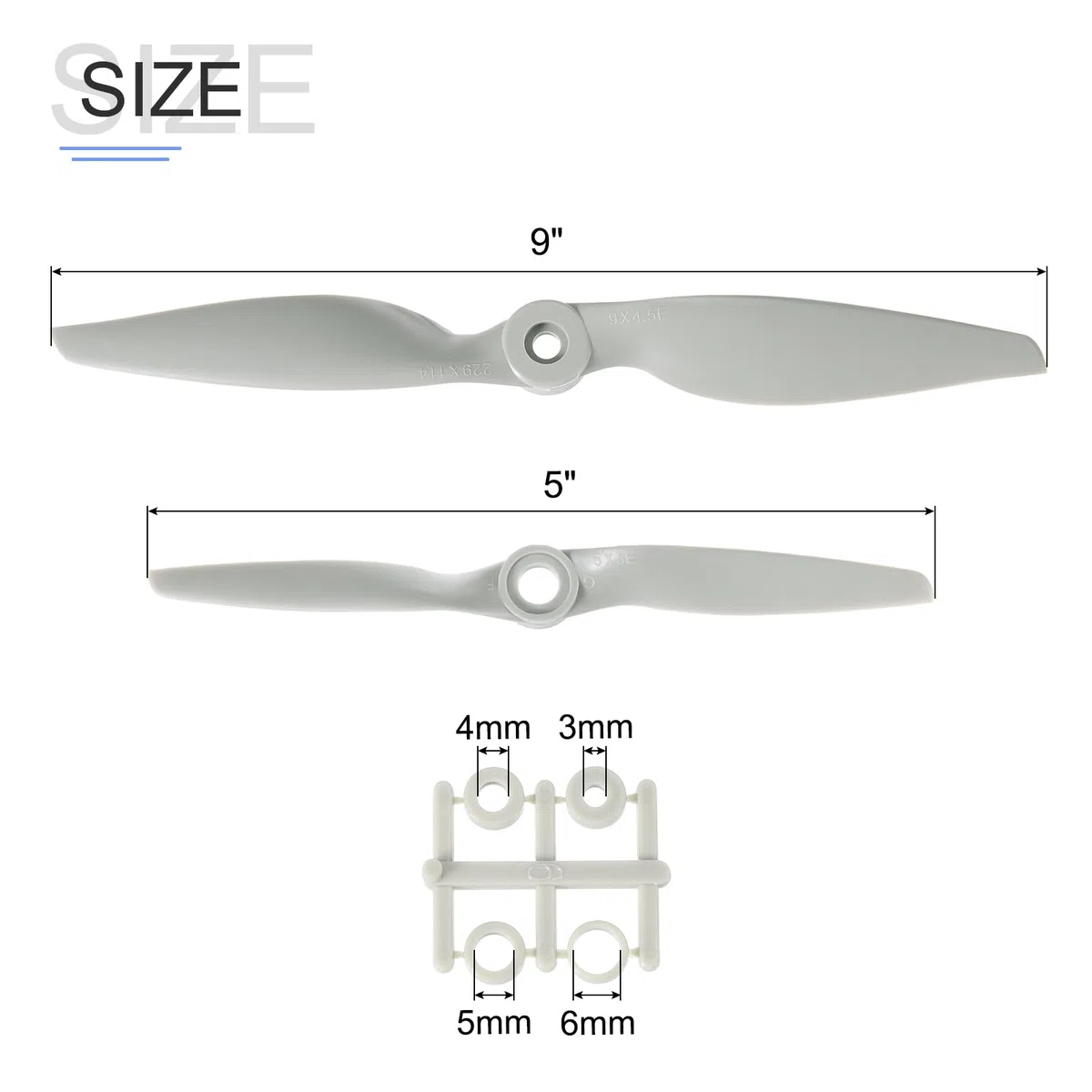 QUARKZMAN 9x4.5" 9x4.5" Hélice de Avión RC 2 Aspas con Anillos Adaptadores Hojas de Hélice RC para Aviones Eléctricos, 4 Pcs, Gris