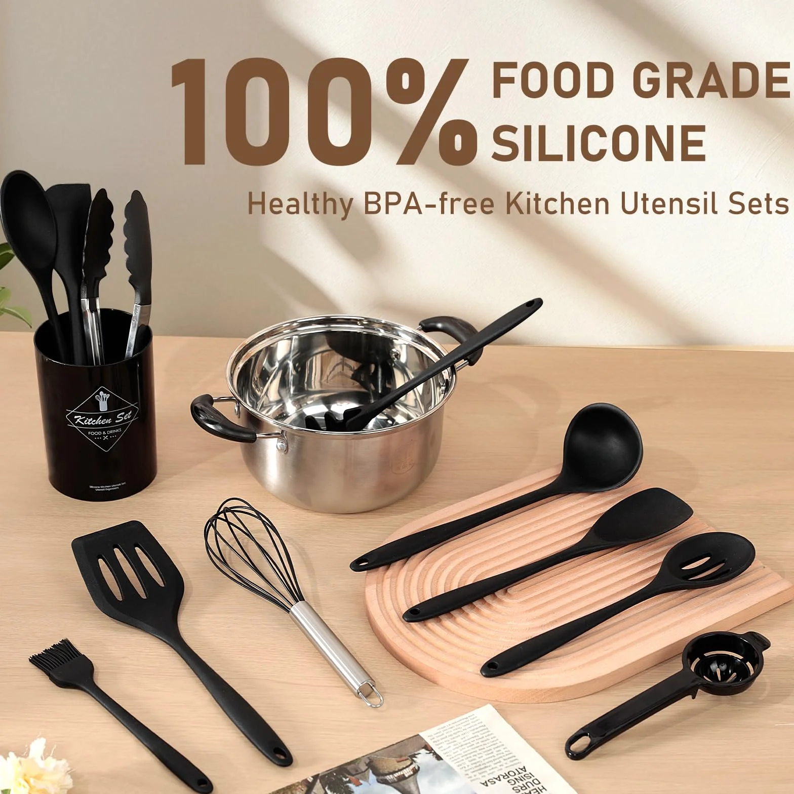 VINATO Juego de Utensilios de Cocina 12 Piezas de Silicona Alimentaria, Utensilios de Cocina sin BPA | Apto Lavavajillas, Negro