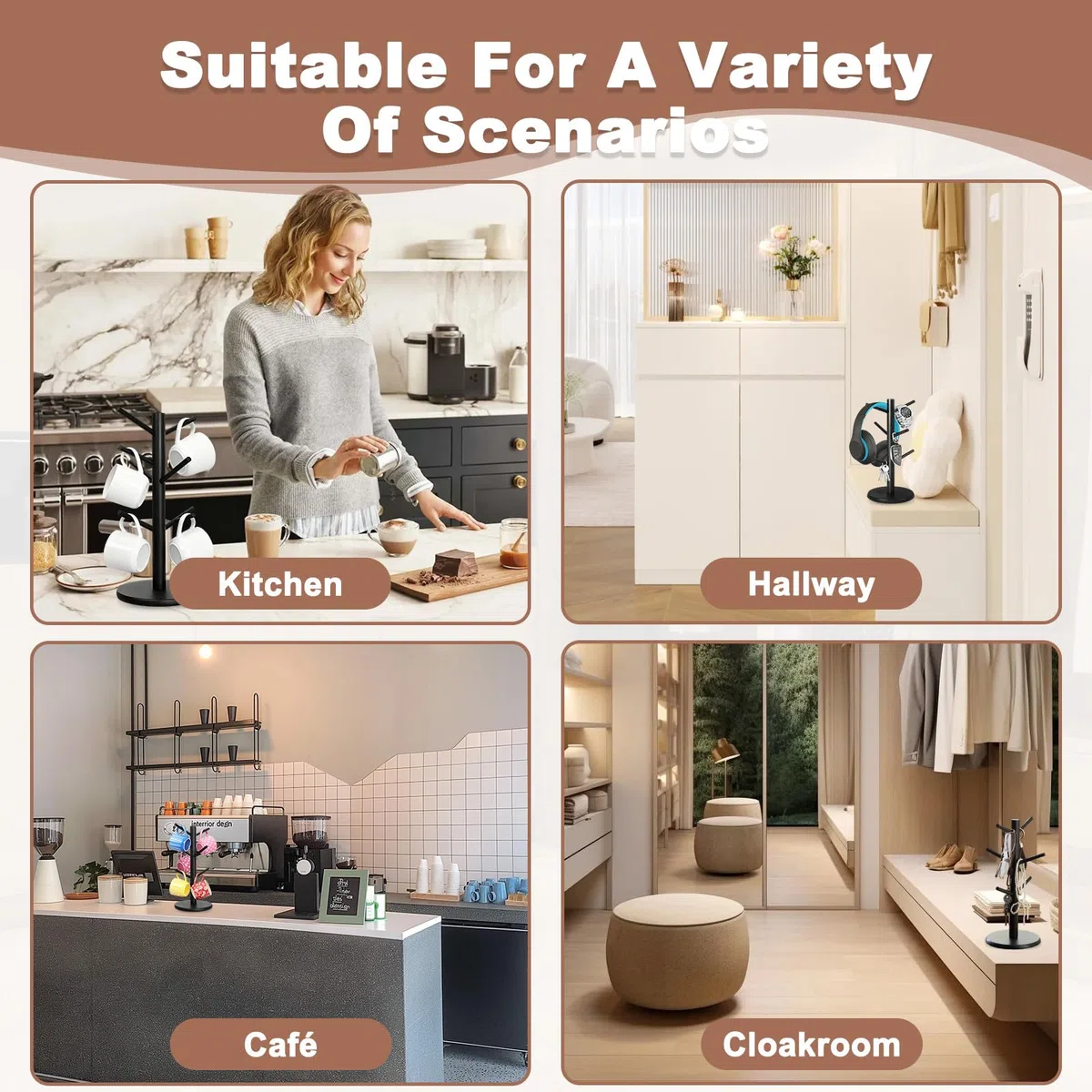 Portavasos Bambú con 6 Ganchos, Soporte Tazas Café con Base Engrosada, Copa Árbol, Estante Almacenamiento, Organizador Colgar para Encimera, Mostrador, Cocina, Oficina, Barra Cafe, Hogar (Negro)