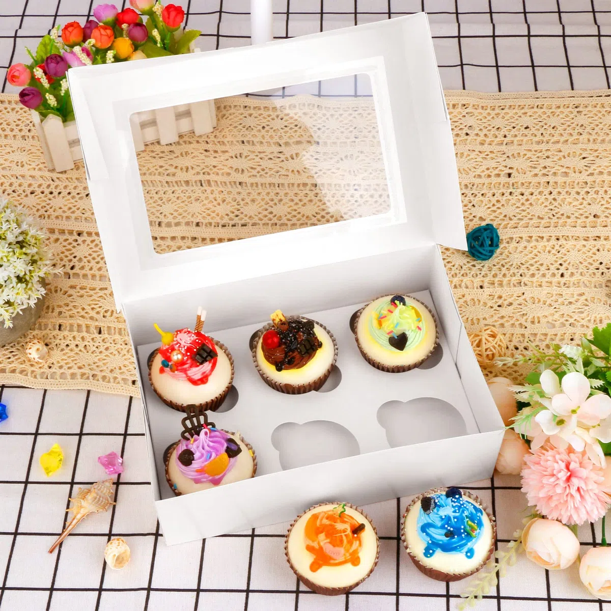 20 Piezas Caja de Papel Kraft con Ventana, Caja para Cupcakes 6 Unidades Cajas para Tartas Caja de Papel Kraft Blanco para Pastelería, Galletas, Magdalenas, Postres (24x16.5x7.5cm)