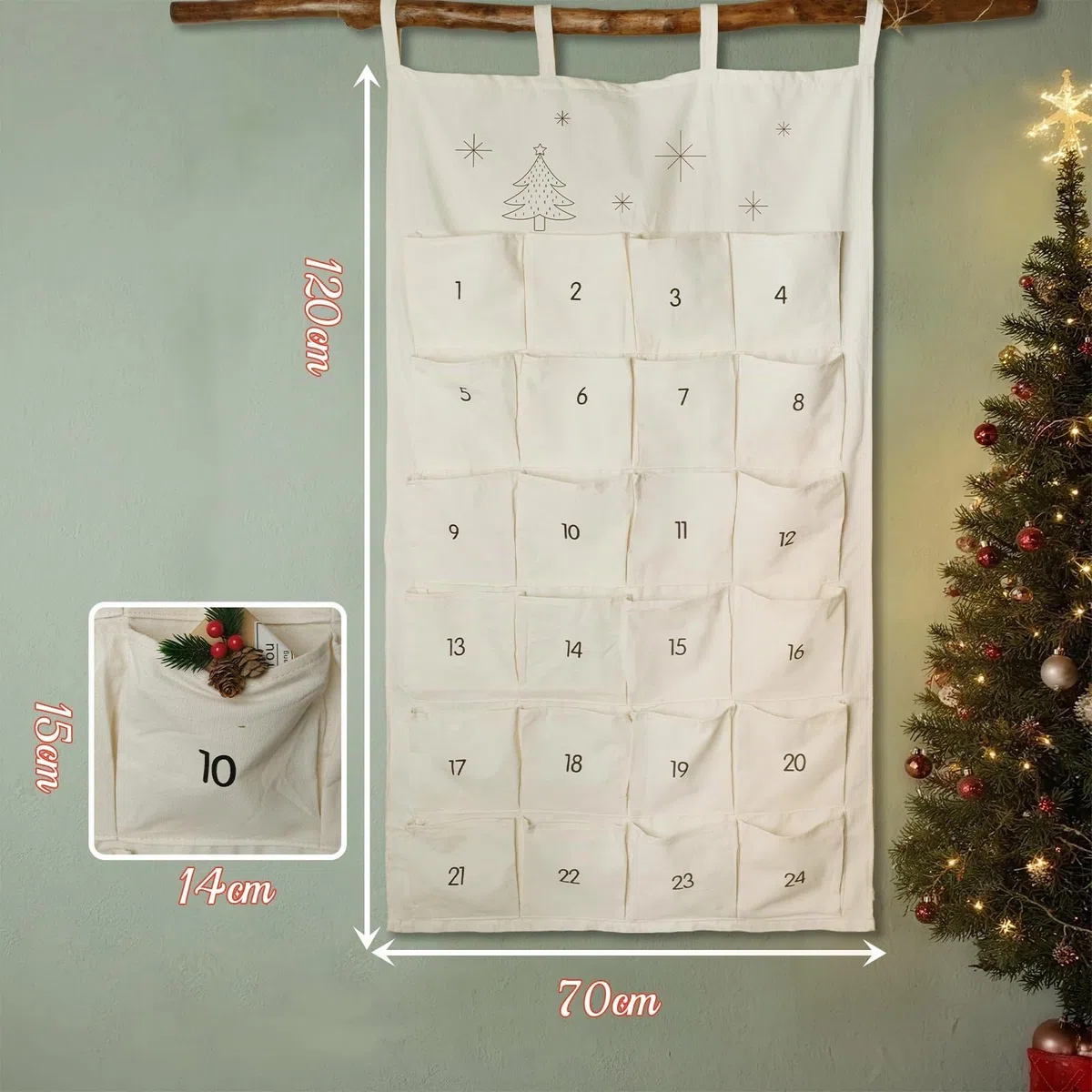 I LOVE MOM Calendario de Advento para llenar tela, 2025 calendario de cuenta atrás colgando con 24 bolsillos, regalo de fiesta de Navidad colgando o montando, decoración navideña reutilizable