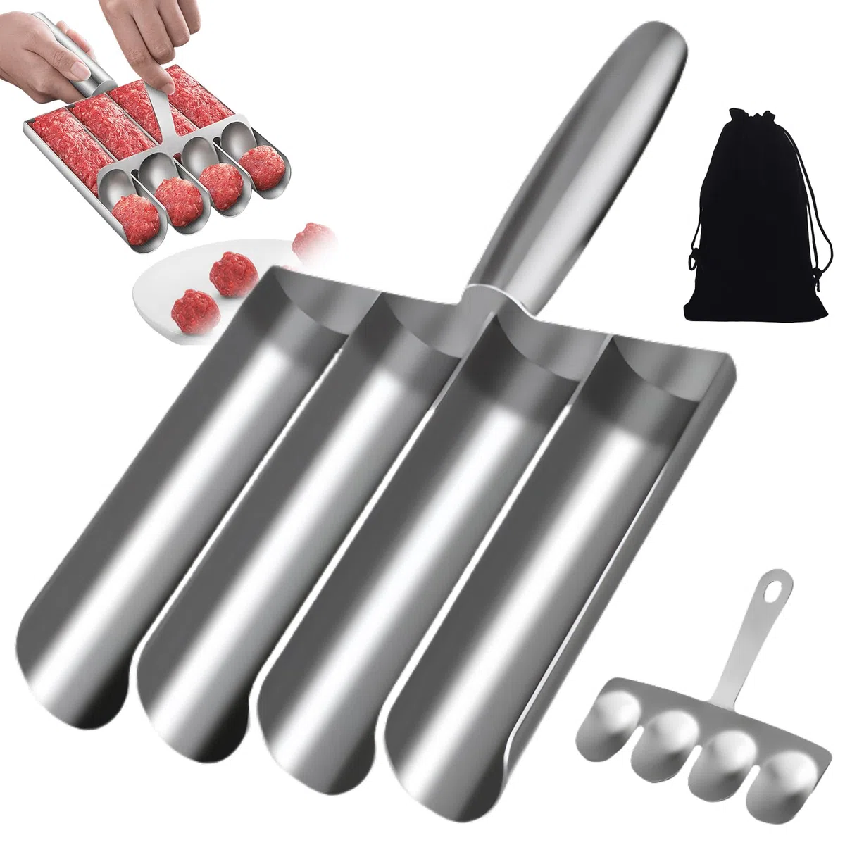 Fabricante de albóndigas con pala de corte, cocina 4 tubos Meatball Maker Acero inoxidable Manual albóndigas Manuales Herramientas de cocina para Cooping Rápido Albóndigas Bolas de pescado (4 tubos)