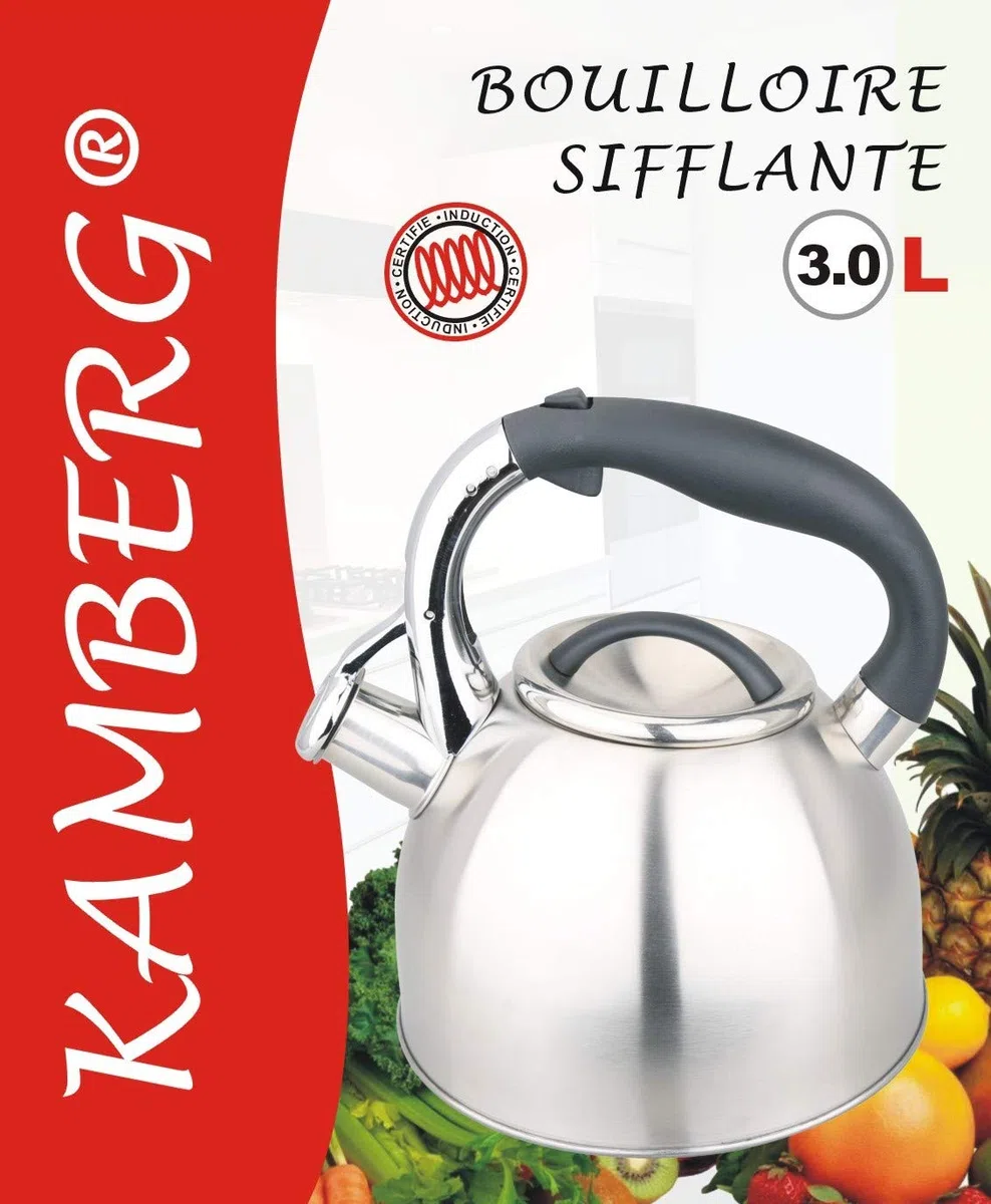 Kamberg Hervidor Tetera con silbido de 3 litros, acero inoxidable, asa ergonómica, todo tipo de fuentes de calor, incluida la inducción
