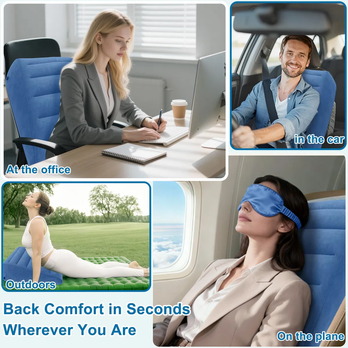 Almohada Cuña Hinchable De Viaje Para Dormir, Cojín Triangular Ergonómico Para Elevar Piernas Y Espalda, Cojín Cuña Portátil Ajustable Con Máscara De Ojos, Soporte Para Cama, Coche U Oficina, Azul