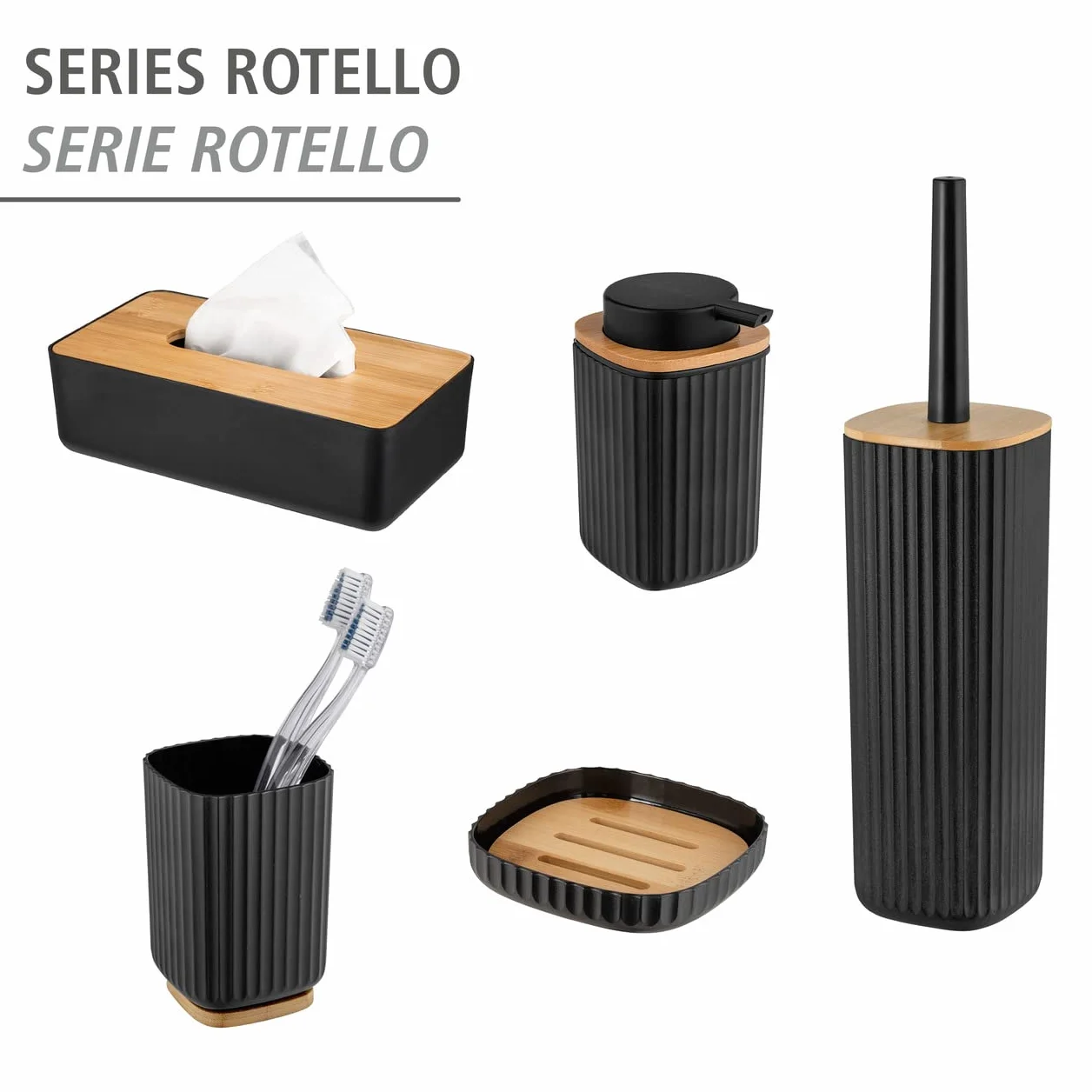 WENKO Set para inodoro Rotello, escobillero cerrado de plástico de calidad óptima con tapa de bambú y estructura acanalada, Ø 10 x 36 cm, incluye escobillero, cabezal reemplazable, negro/natural