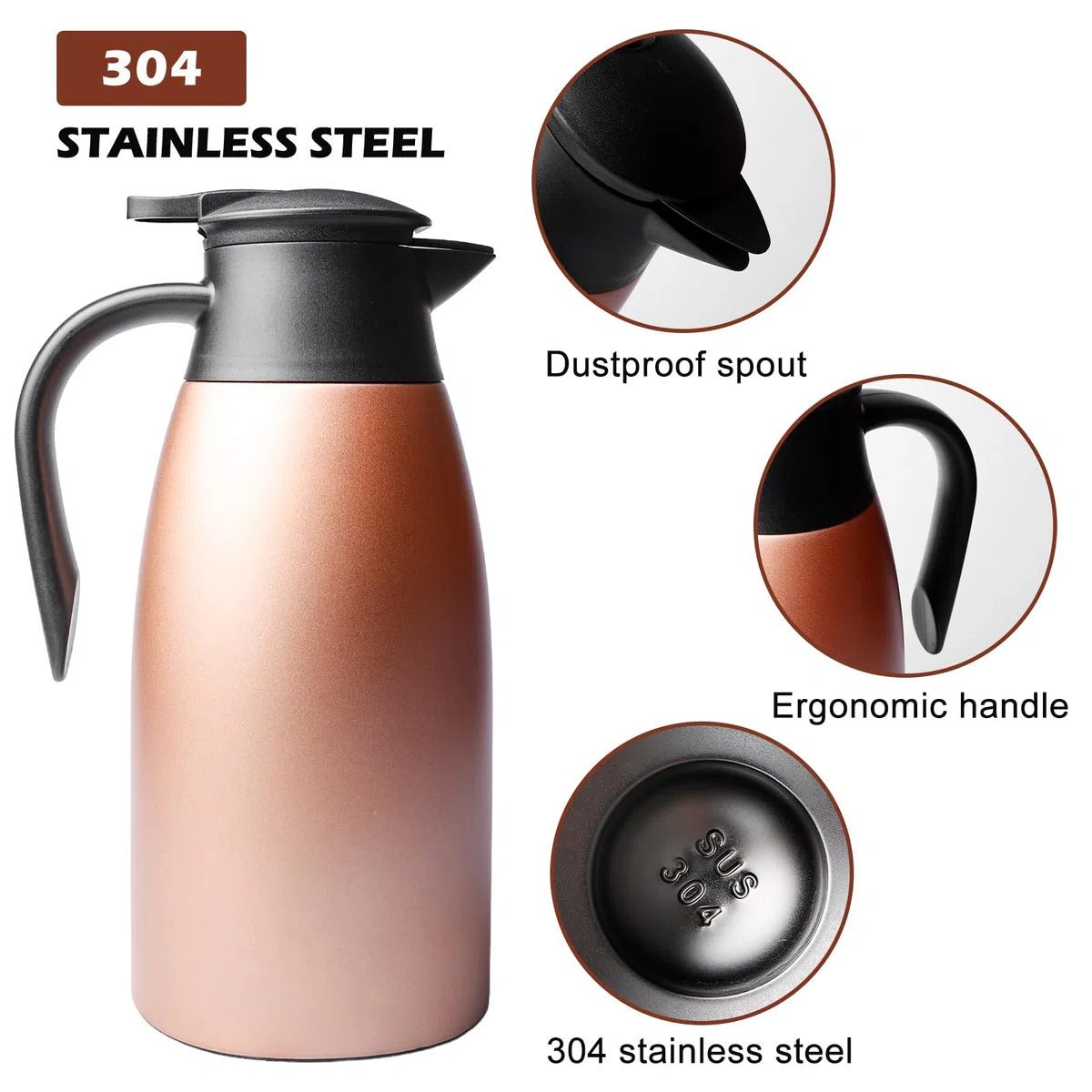 Jarra térmica de 2 L, termo para cafetera, acero inoxidable con asa y boquilla, aislamiento al vacío, jarra aislante de doble pared, para oficina y hogar (oro rosa)