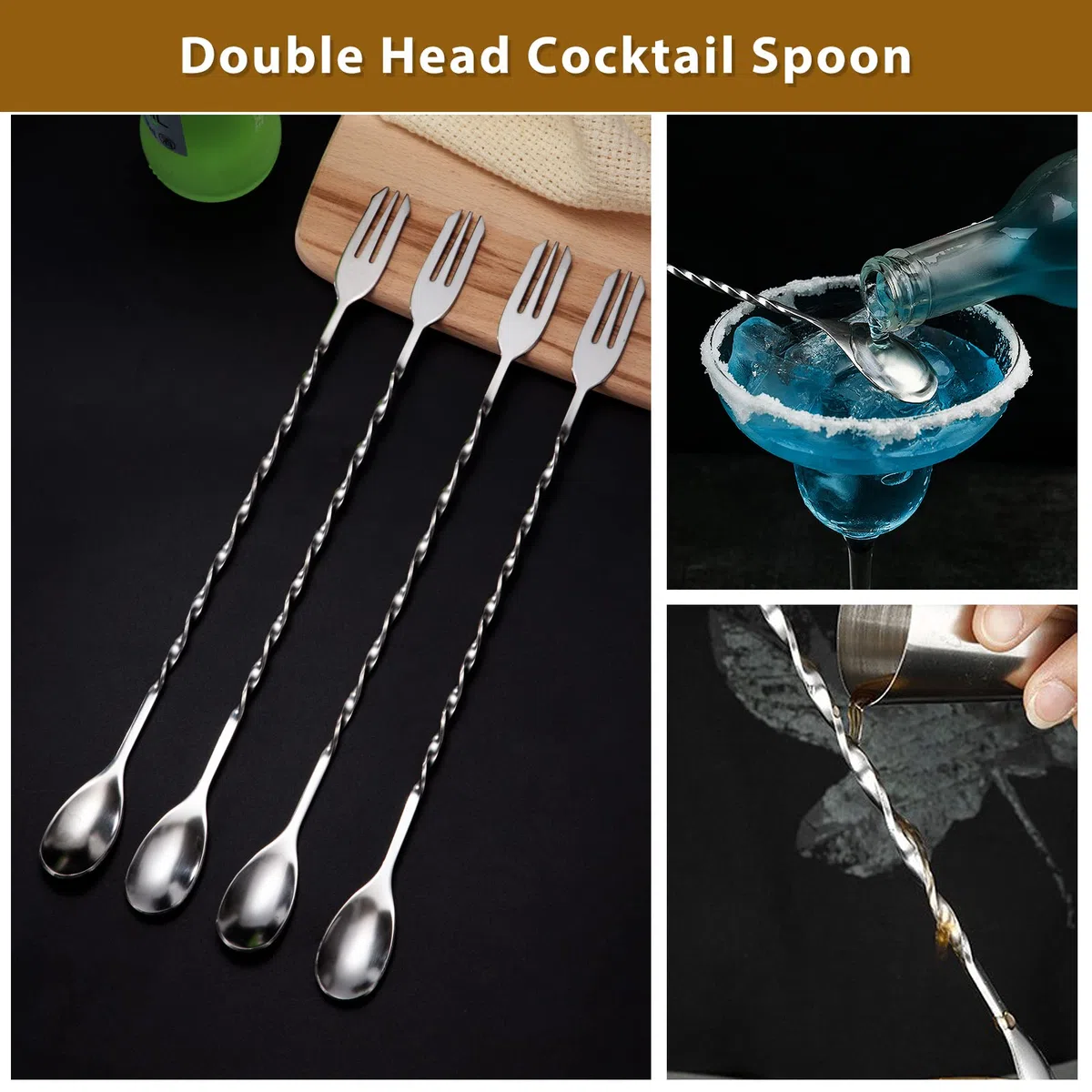 6 Piezas Cucharas de Cóctel de Acero Inoxidable con Mango Largo en Espiral, Tridente Para Bar y Cóctel 32cm (Plata)