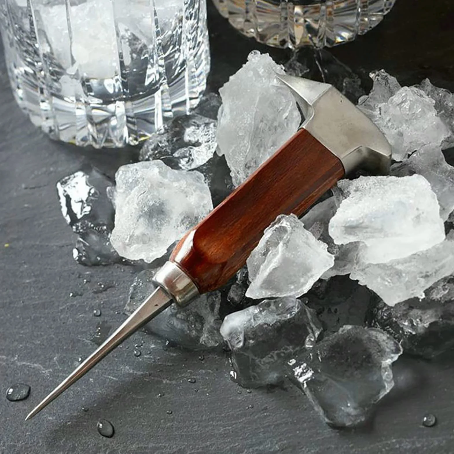Picahielos Acero Inoxidable Mango Madera Herramienta Manual Triturar Hielo para Bar Hogar Cócteles Picnics Camping