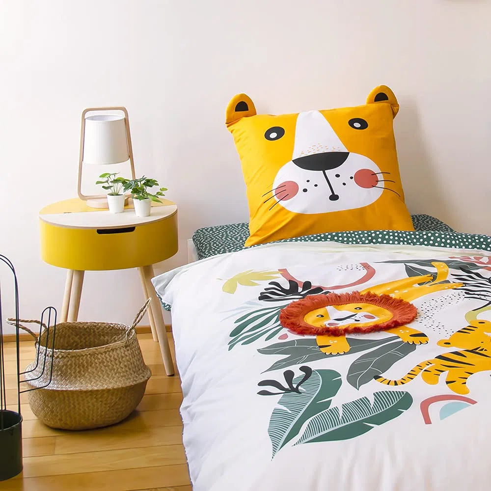 CÔTE DECO Juego de cama infantil reversible, león, verde y amarillo, funda nórdica de 140 x 200 cm y 1 funda de almohada de 63 x 63 cm, 100% algodón