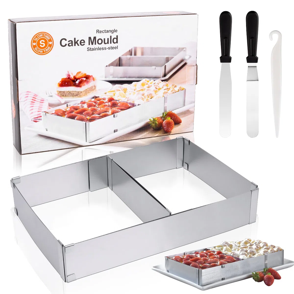 Marco rectangular ajustable de 5 cm de alto, molde rectangular de 27 x 18 hasta 52 x 33 cm, molde para tartas ajustable con paleta angular, acero inoxidable, molde rectangular para hornear,